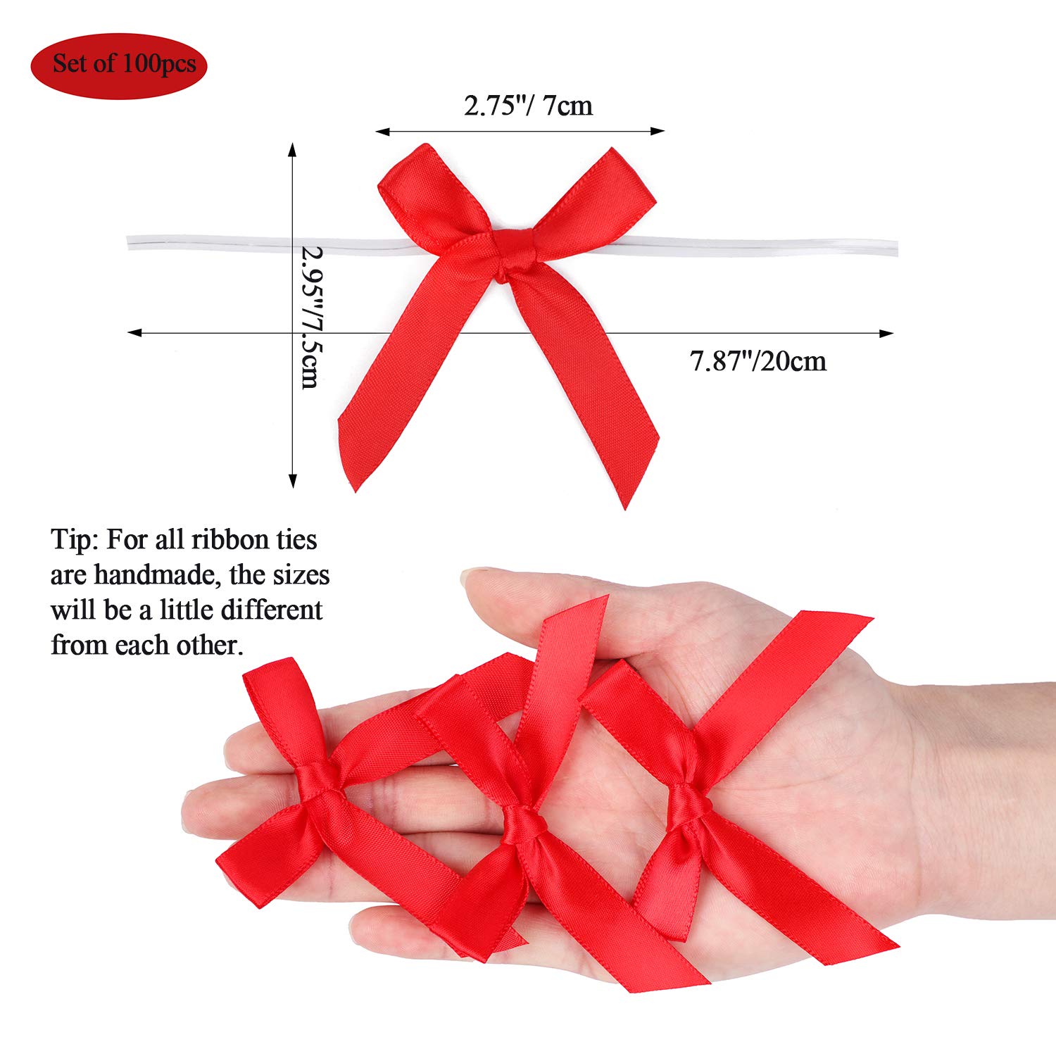 100 Pack Red Satin Ribbon Twist Tie Bows - Premium Gift Wrapping Bows for Treat Bags, Candy Bags, Party Favors, Wedding Decorations and Package Decorations - Perfect for Christmas, Birthday, Baby Shower Gifts and DIY Crafts