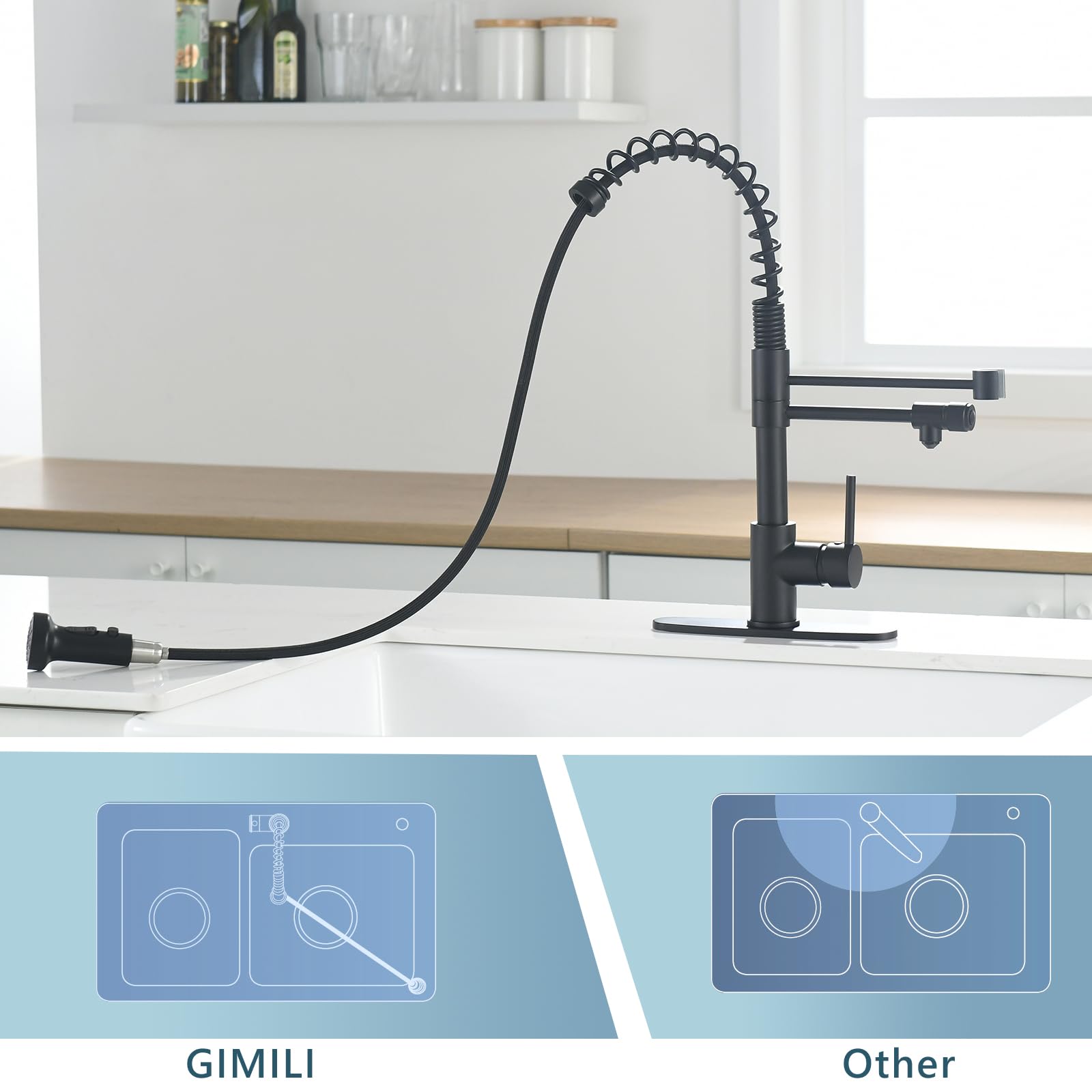 GIMILI 3-in-1 Commercial Style Pull-Down Single Handle Kitchen Faucet with Water Filtration System - Matte Black (Filter Not Included) | Perfect for Modern Homes, Restaurants & Water Purification Stations