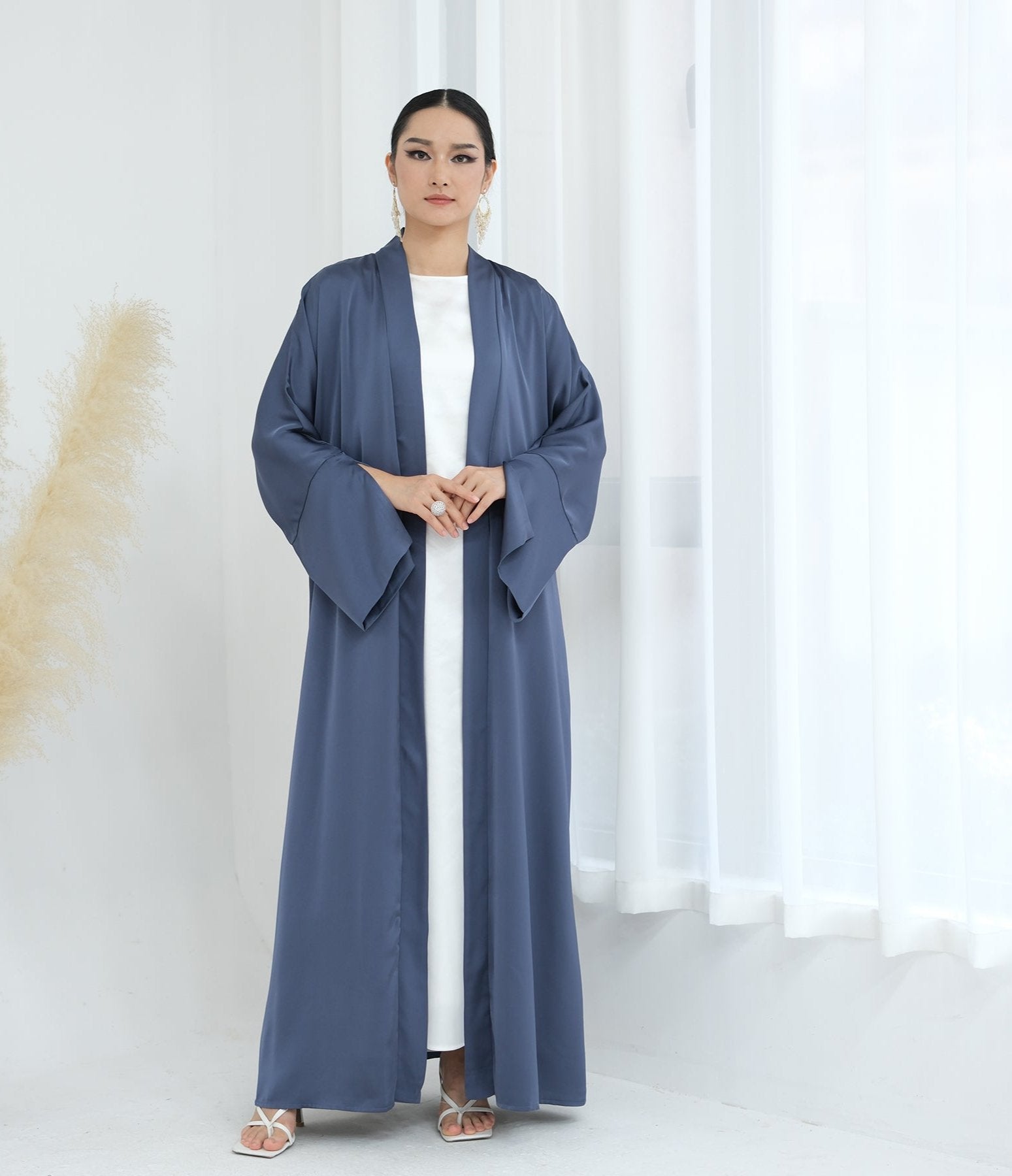 Lavinia Satin Open Abaya Denim - Elegant Muslim Prayer Dress for Women | Perfect for Prayer, Mosque, and Special Occasions