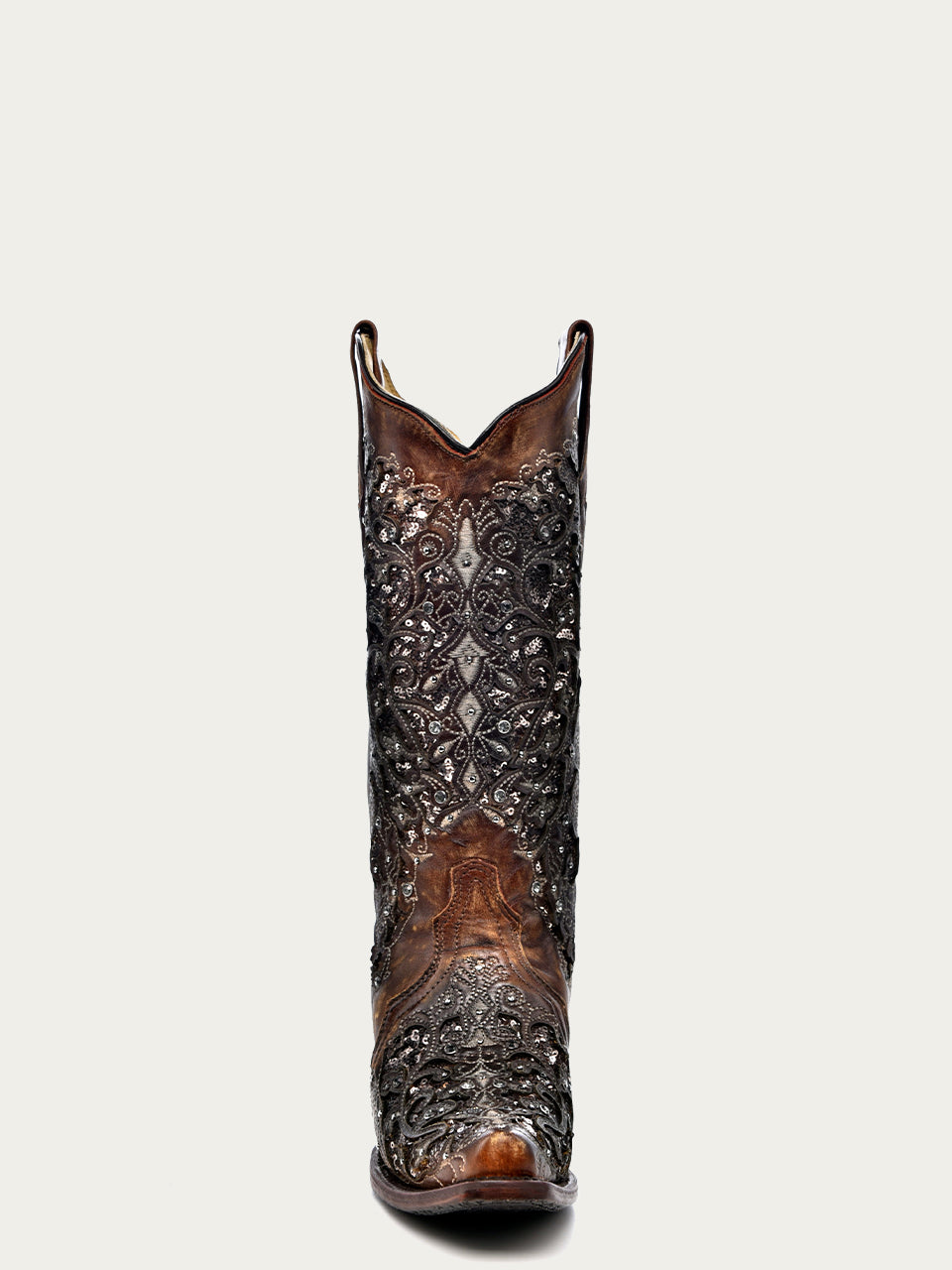 Women's Black Glitter Cowboy Boots with Floral Overlay, Crystal Studs & Snip Toe - Cognac Western Boots for Country Dancing, Rodeo & Fashion Outfits