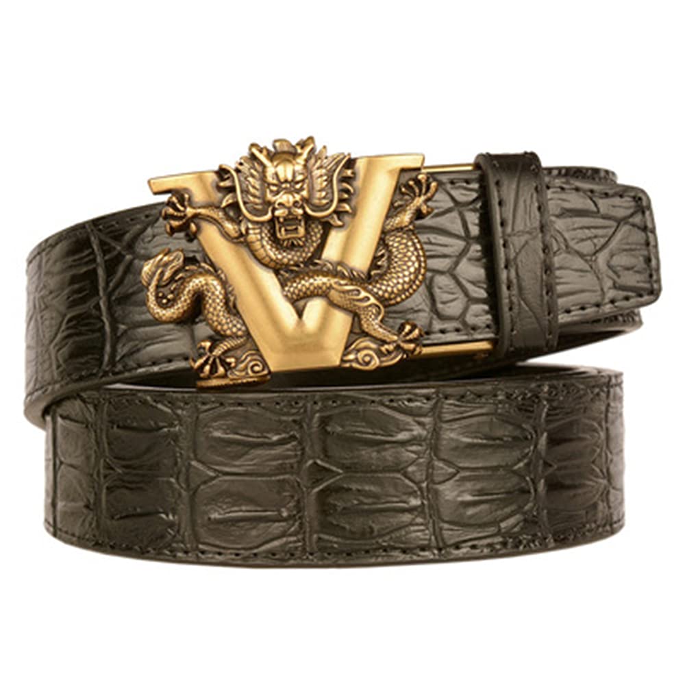 Premium Men's Leather Ratchet Belt - Genuine Crocodile Embossed Pattern, Adjustable No-Buckle Design - Vintage Dragon Motif (Black/Gold) - Perfect for Business, Casual & Formal Wear