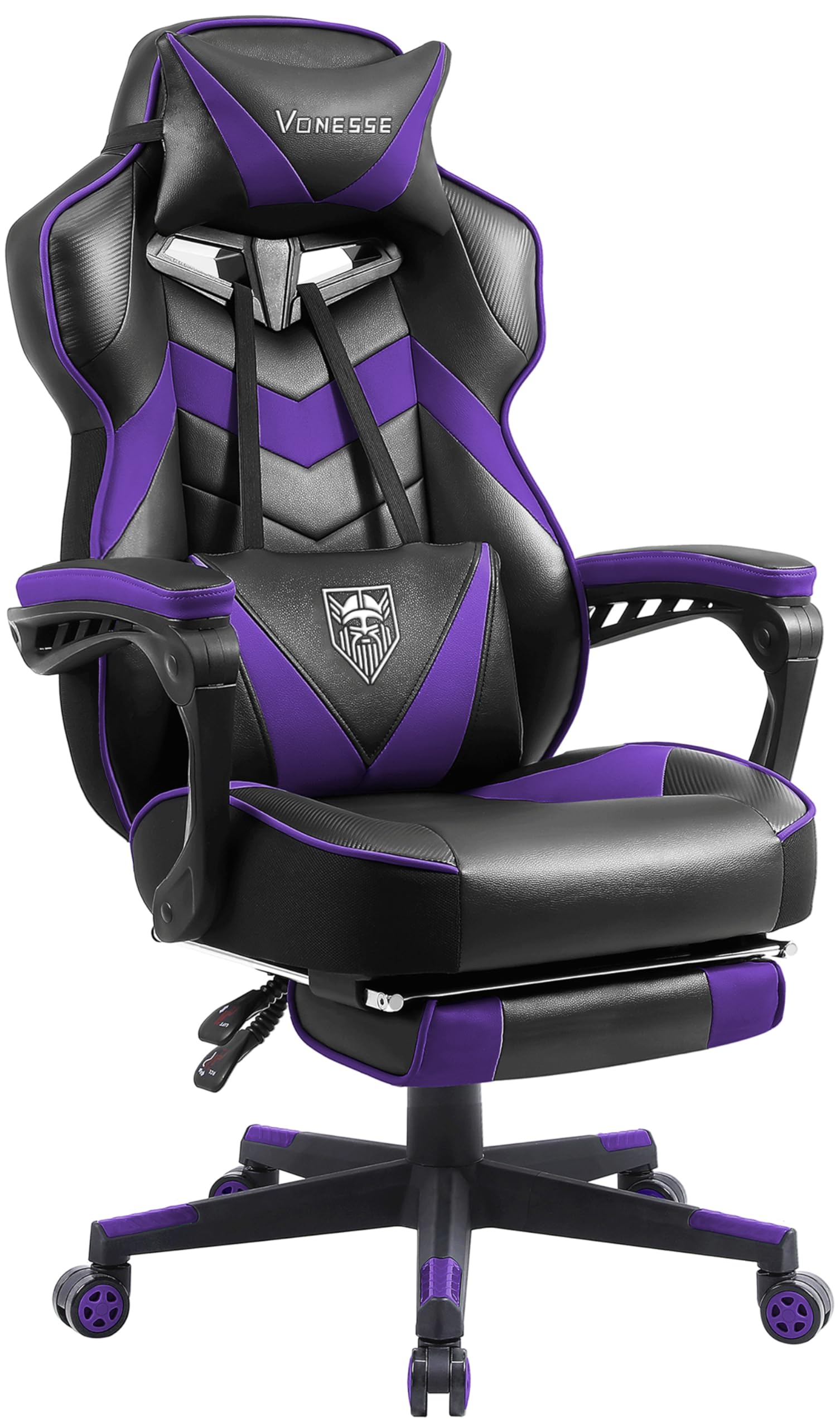 Premium Vonesse Gaming Chair with Adjustable Footrest - Ergonomic Big & Tall Computer Chair for Adults, High Back Support with Massage & Reclining Features (Purple/Black) - Perfect for PC Gaming, Office Work & Home Entertainment