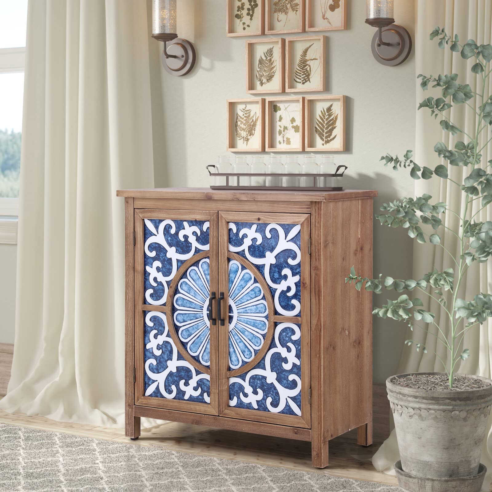 Vintage Carved Wood Storage Cabinet with 2 Doors - Porcelain Pattern Freestanding Organizer for Entryway, Kitchen, Living Room | Home Decor & Storage Solution for Small Spaces
