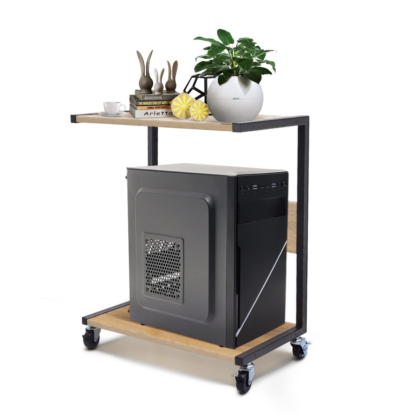 Premium C-Shaped PC Tower Stand with 4 Locking Swivel Casters - Heavy Duty CPU Holder for ATX Gaming Desktops & Office Computers - Mobile Base for Easy Movement (Oak Color) - Perfect for Home Office, Gaming Setup & Workspace Organization