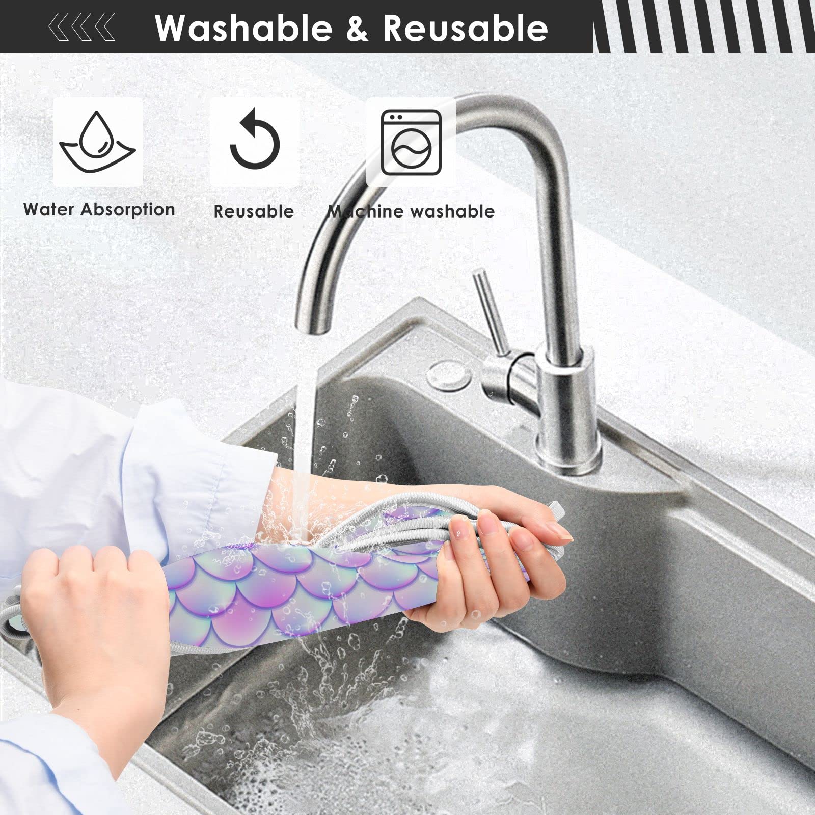 **2 Pack Mermaid Tail Texture Sink Splash Guard - Absorbent & Quick-Drying Faucet Drip Catcher Mat for Kitchen, Bathroom & RV - Glitter Handle Cover for Stylish & Mess-Free Sinks**    *(Use: Prevents water splashes, keeps countertops dry, and adds a decorative touch to sinks in kitchens, bathrooms, or RVs.)*
