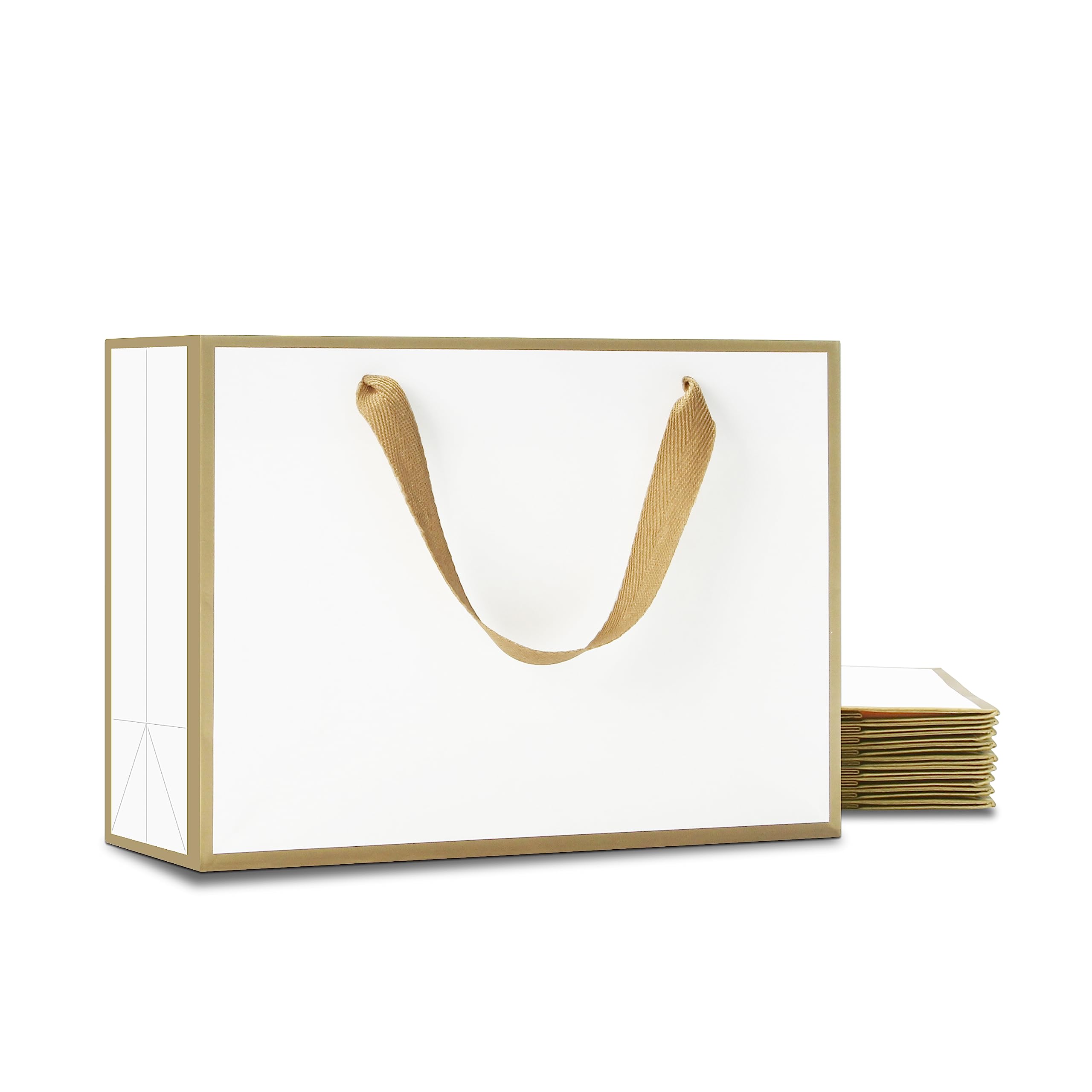 YACEYACE 10Pcs Medium White Gift Bags with Gold Frame & Ribbon Handles - 10.5x4x8 Inches Bulk Party Favor Bags for Birthday, Baby Shower, Wedding, Retail Boutique & Holiday Gift Wrapping