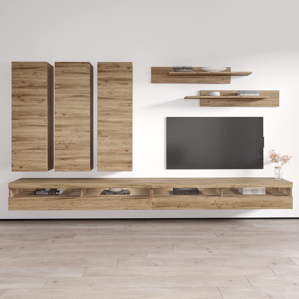 Modern Floating TV Stand with Storage & LED Lights - Wall-Mounted Entertainment Center for Bedroom & Living Room - E1 Grade Oak Wood TV Console with Shelves - Perfect for Small Spaces & Home Theater Setup