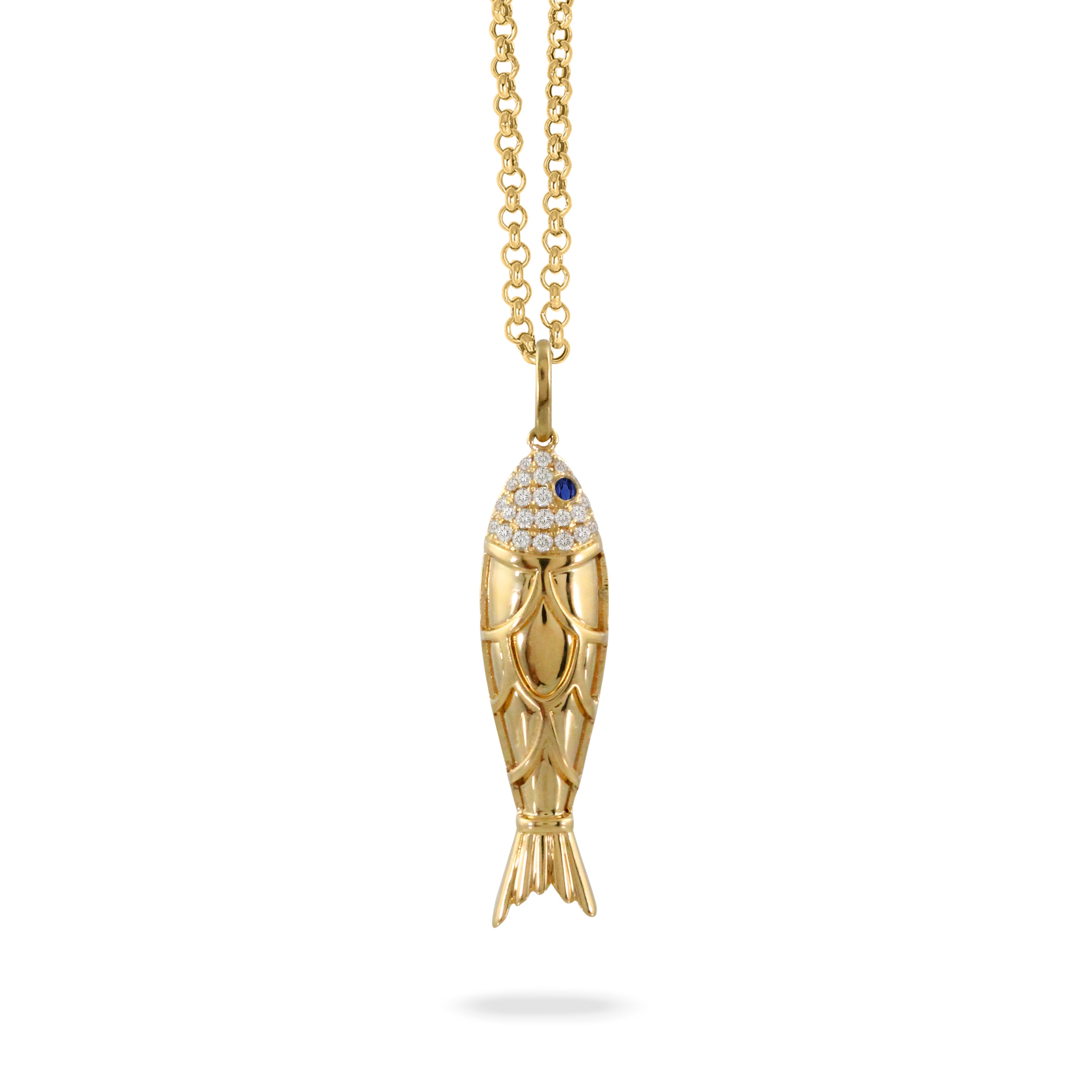 18K Yellow Gold Diamond & Sapphire Fish Pendant Necklace for Women - Elegant Jewelry Gift for Birthday, Anniversary & Special Occasions
