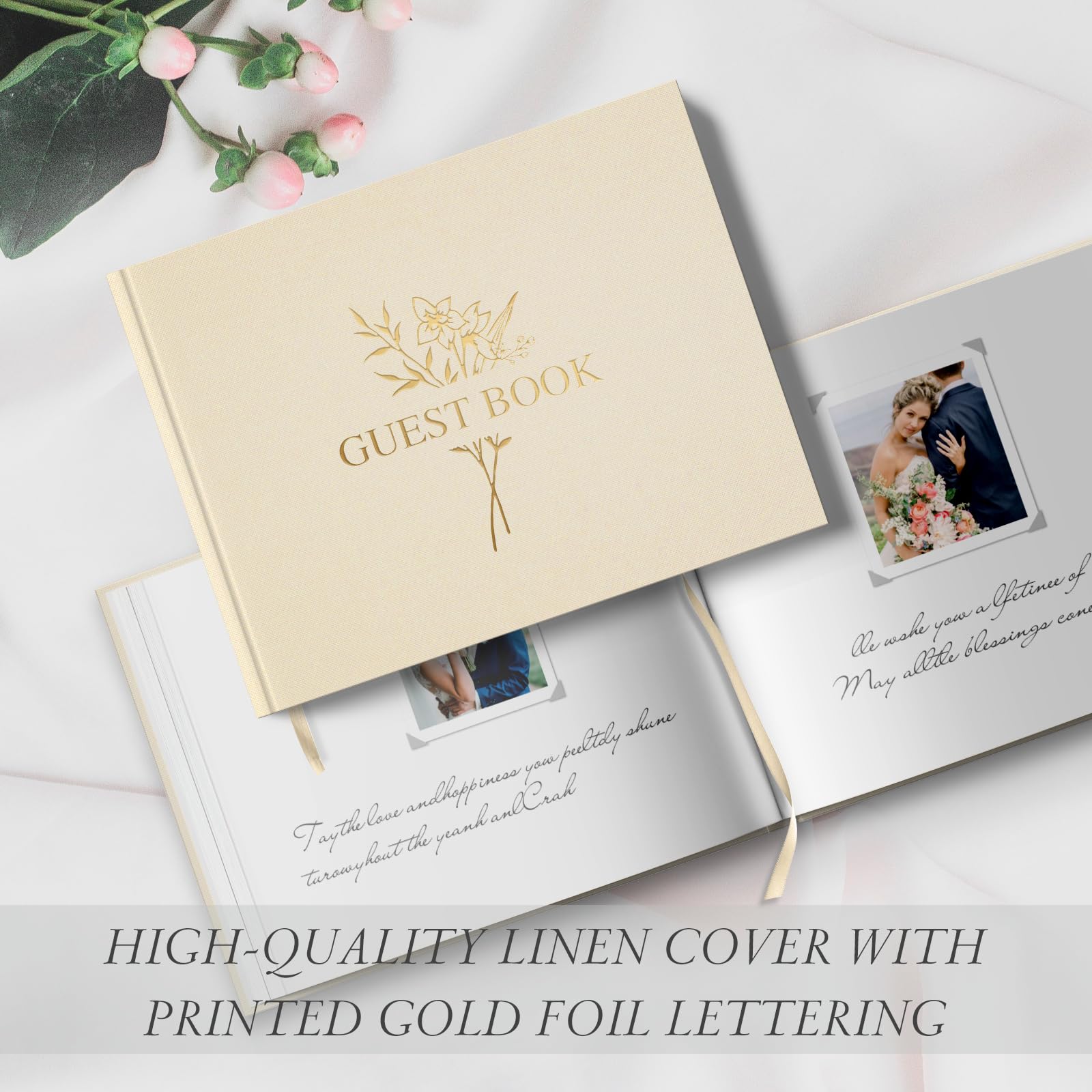 Premium Linen Wedding Guest Book with 216 Photo Corners - 100 Blank Thick Pages for Bridal Shower, Reception & Baby Shower - Elegant Beige Guestbook for Signatures & Photo Memories