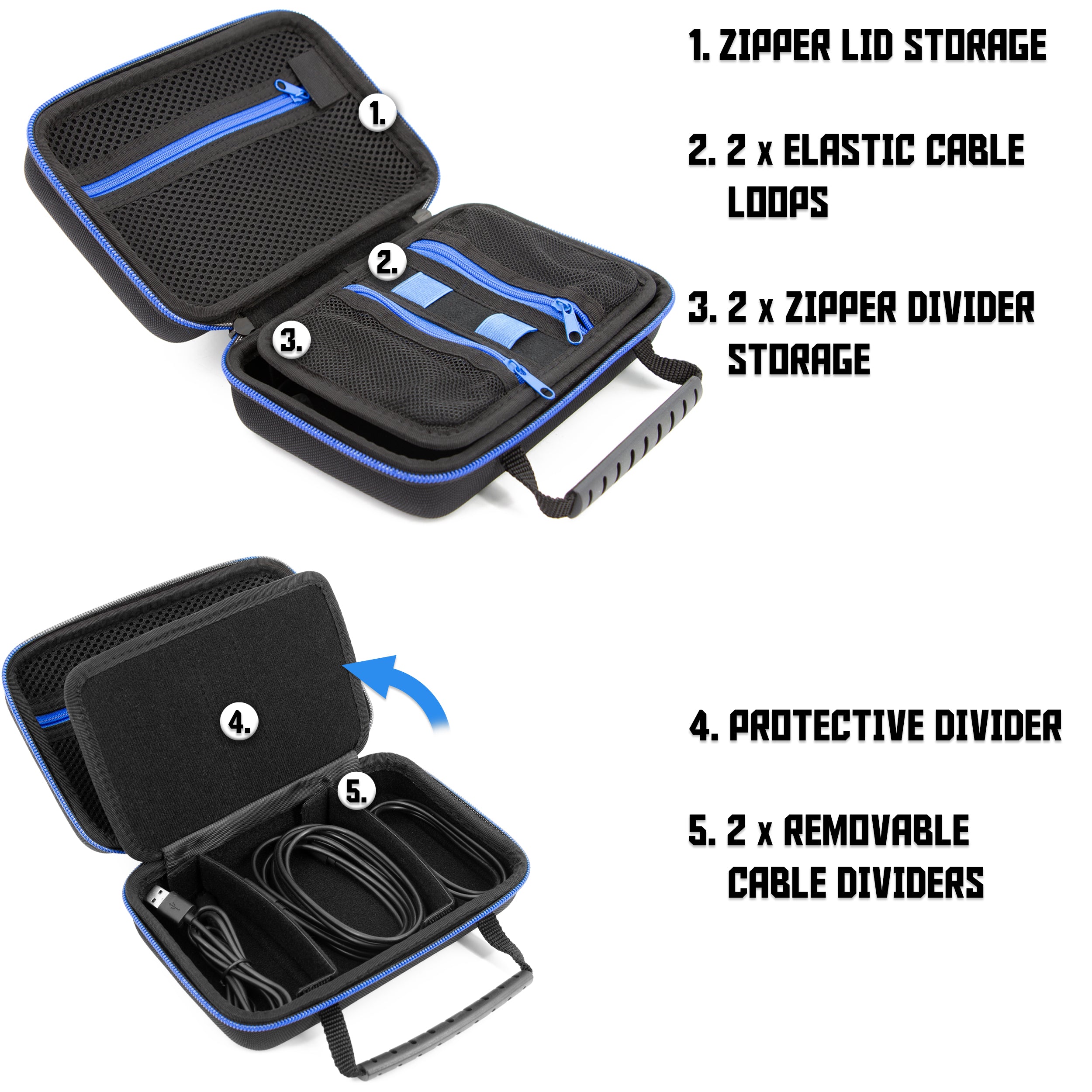 CASEMATIX Hard Shell Electronics Organizer Travel Case - Durable Storage with 2 Adjustable Dividers, 3 Zipper Pouches & Elastic Loops - Perfect for Laptop Accessories, Chargers, Cables Organization at Home, Office or Travel