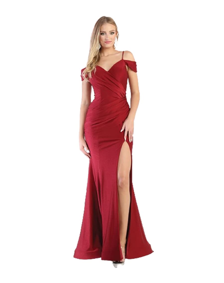 Elegant Cold-Shoulder Ruched Bodice Bodycon High Slit Long Formal Evening Dress for Women - Perfect for Prom, Wedding Guest & Cocktail Party