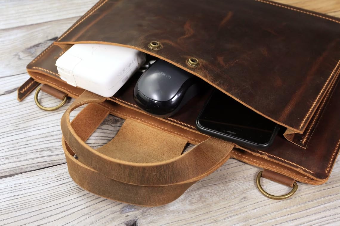 Personalized Hand-Stitched Slim Leather Laptop Bag - Lightweight Brown Leather Portfolio for 13-15 Inch Laptops | Perfect for Business, Travel & Work Commute | Z03-LLB05S