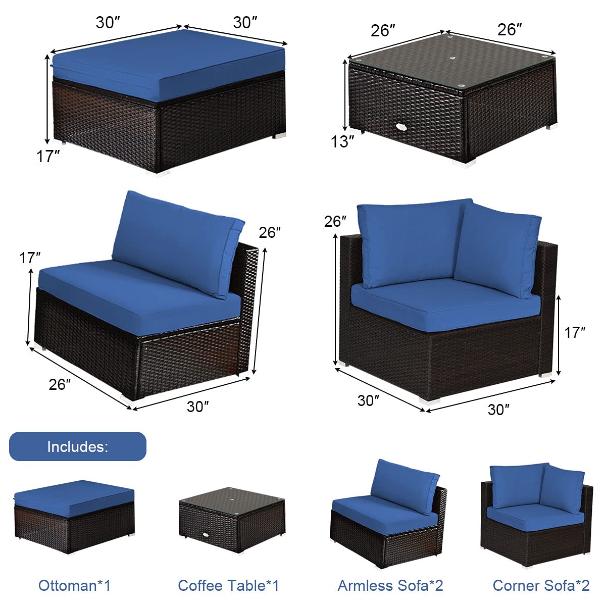 Tangkula 6-Piece Outdoor Patio Furniture Set - Durable Steel Frame PE Rattan Wicker Sectional Sofa with Coffee Table for Deck, Lawn, Backyard (Blue) | Perfect for Garden Parties, Poolside Lounging & Outdoor Entertaining
