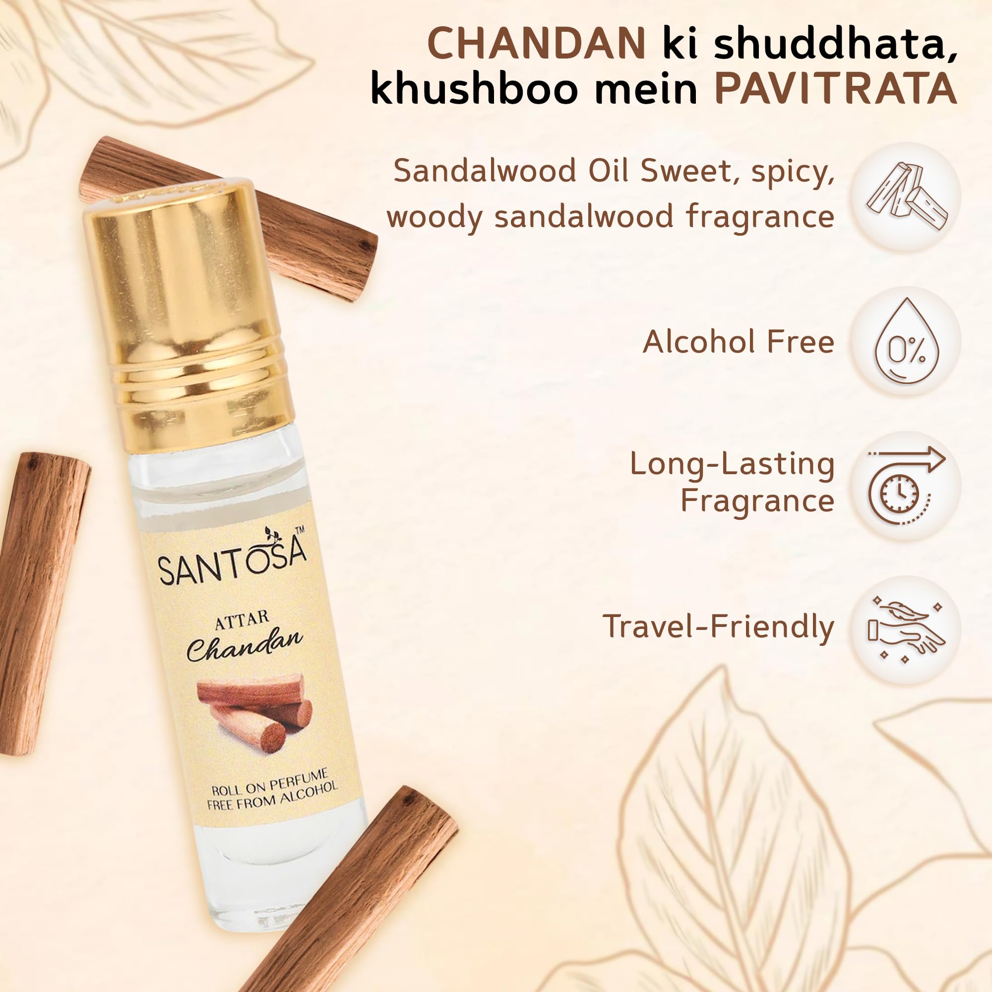 Premium Santosa Original Sandal Attar (Chandan Itra) - Alcohol-Free Long-Lasting Roll-On Perfume with Authentic Sandalwood Oil (6ml) | Travel-Friendly Fragrance for Daily Wear, Meditation & Aromatherapy