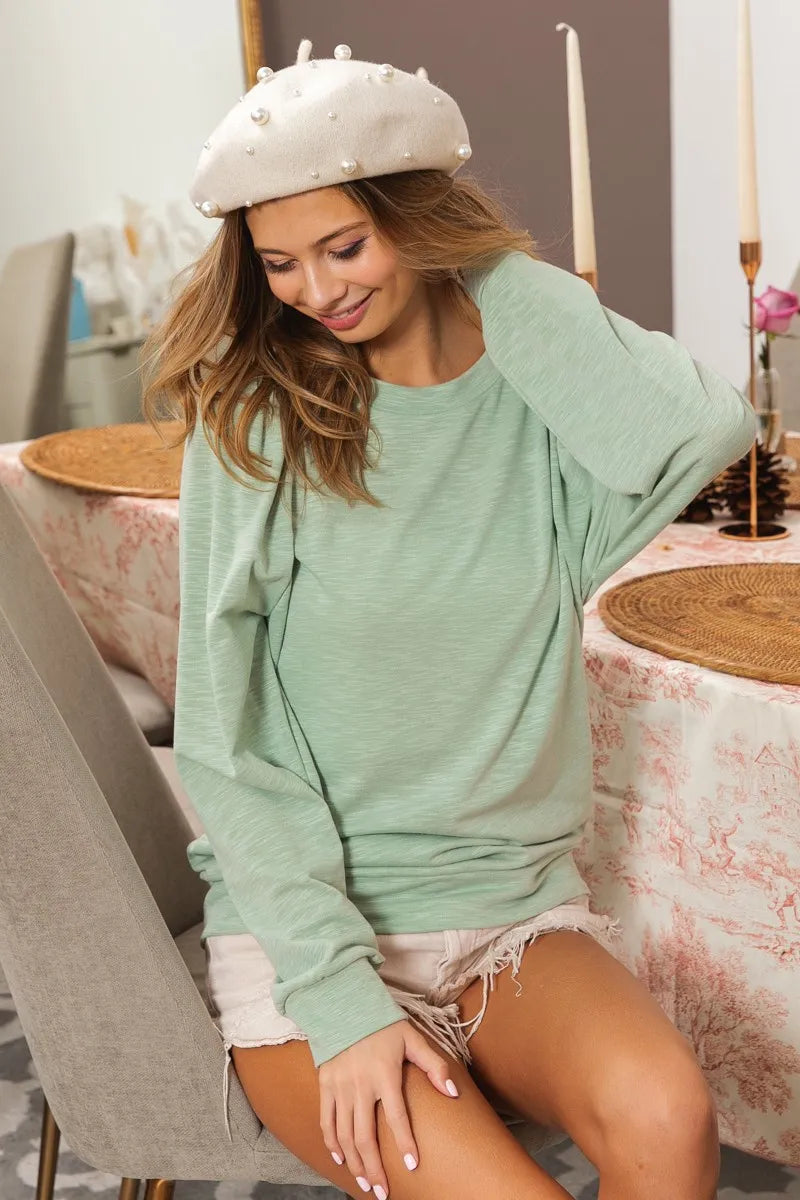 BiBi Slub Terry Puff Shoulder Sweatshirt - Women's Oversized Casual Pullover for Fall & Winter | Perfect for Coffee Dates, Weekend Errands and Cozy Loungewear