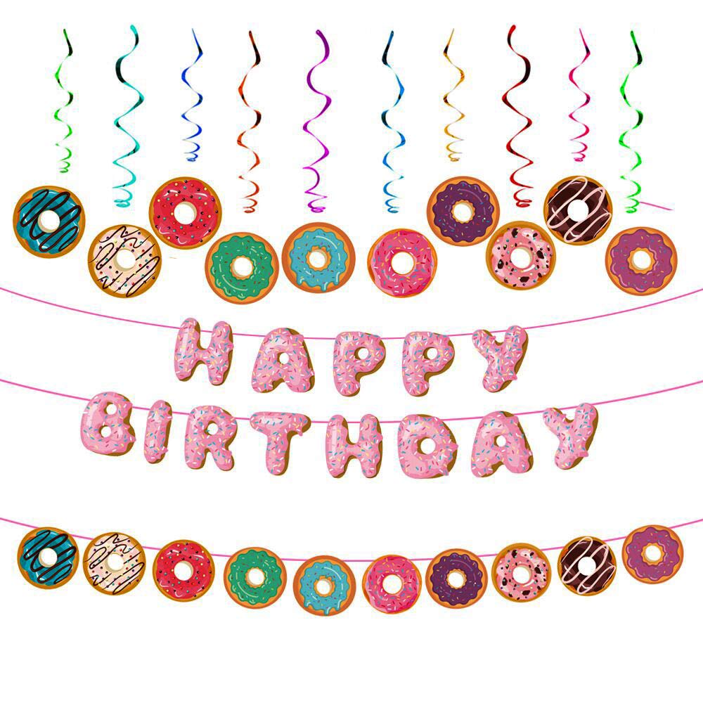 Happy Birthday Donut Banner - Pink Donut Party Decorations & Supplies for Birthday Celebrations, Baby Showers, and Donut-Themed Parties