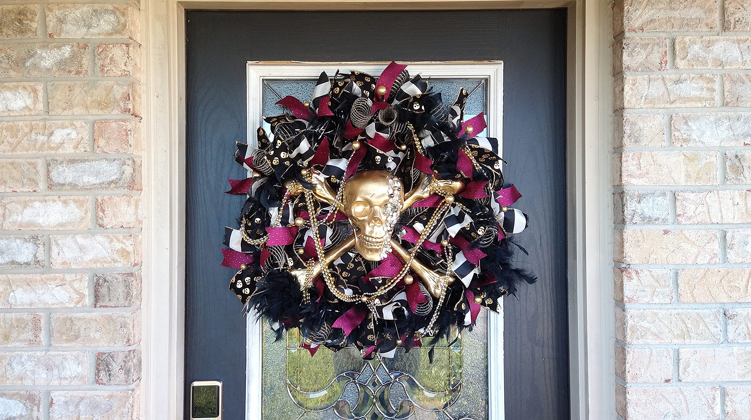 LAST ONE XL Deluxe Bling Pirate Skull & Crossbones Halloween Wreath - Luxury Jeweled Beaded Feather Decor for Front Door, GASPARILLA Party & Pirate Themed Events - Perfect for Halloween Decorations, Pirate Parties & Mardi Gras Celebrations