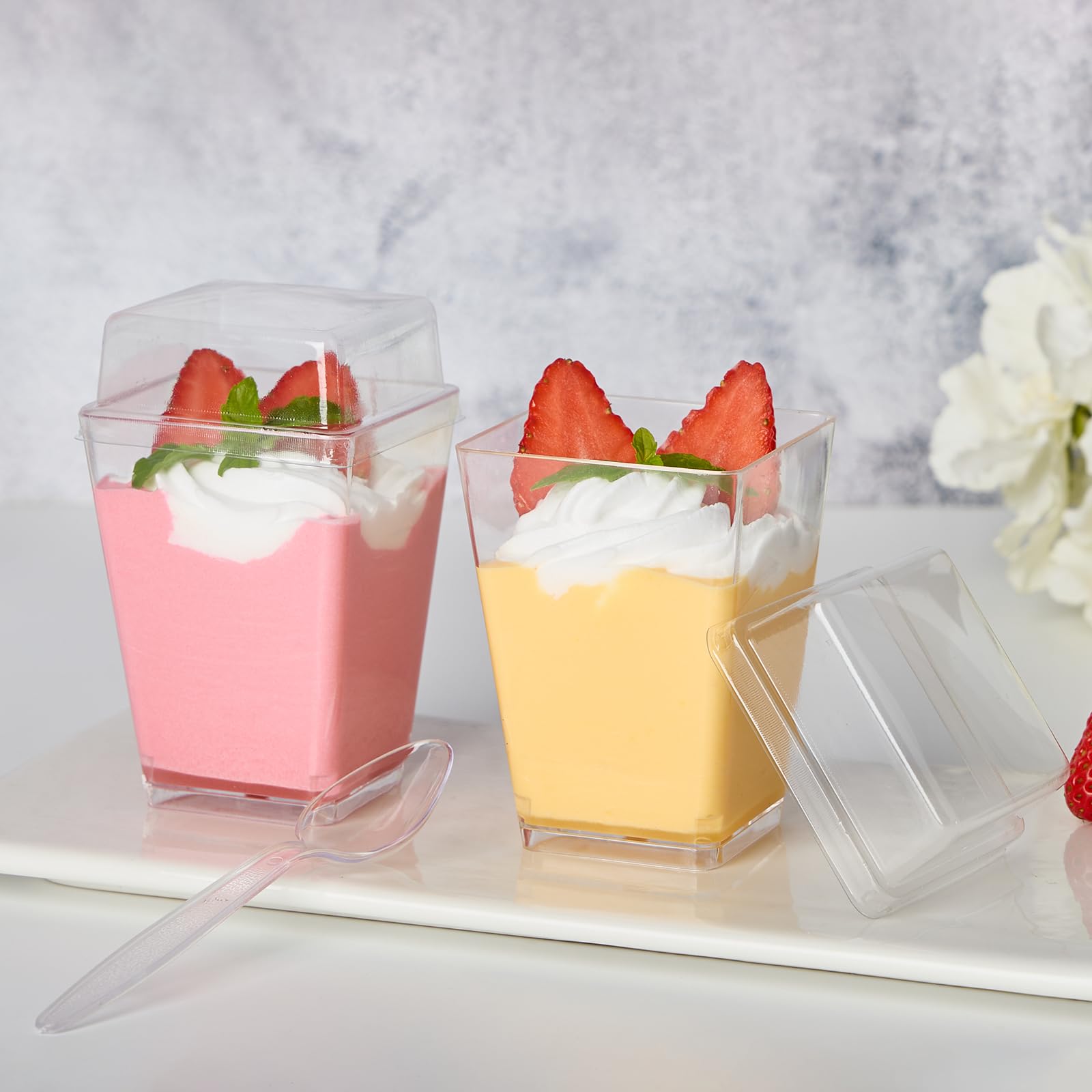 50 Pack 5 oz Clear Plastic Dessert Cups with Lids & Spoons - Square Mini Parfait Cups for Pudding, Jello, Fruit, Appetizers | Party Serving, Catering, Events, Picnics, Home Entertaining