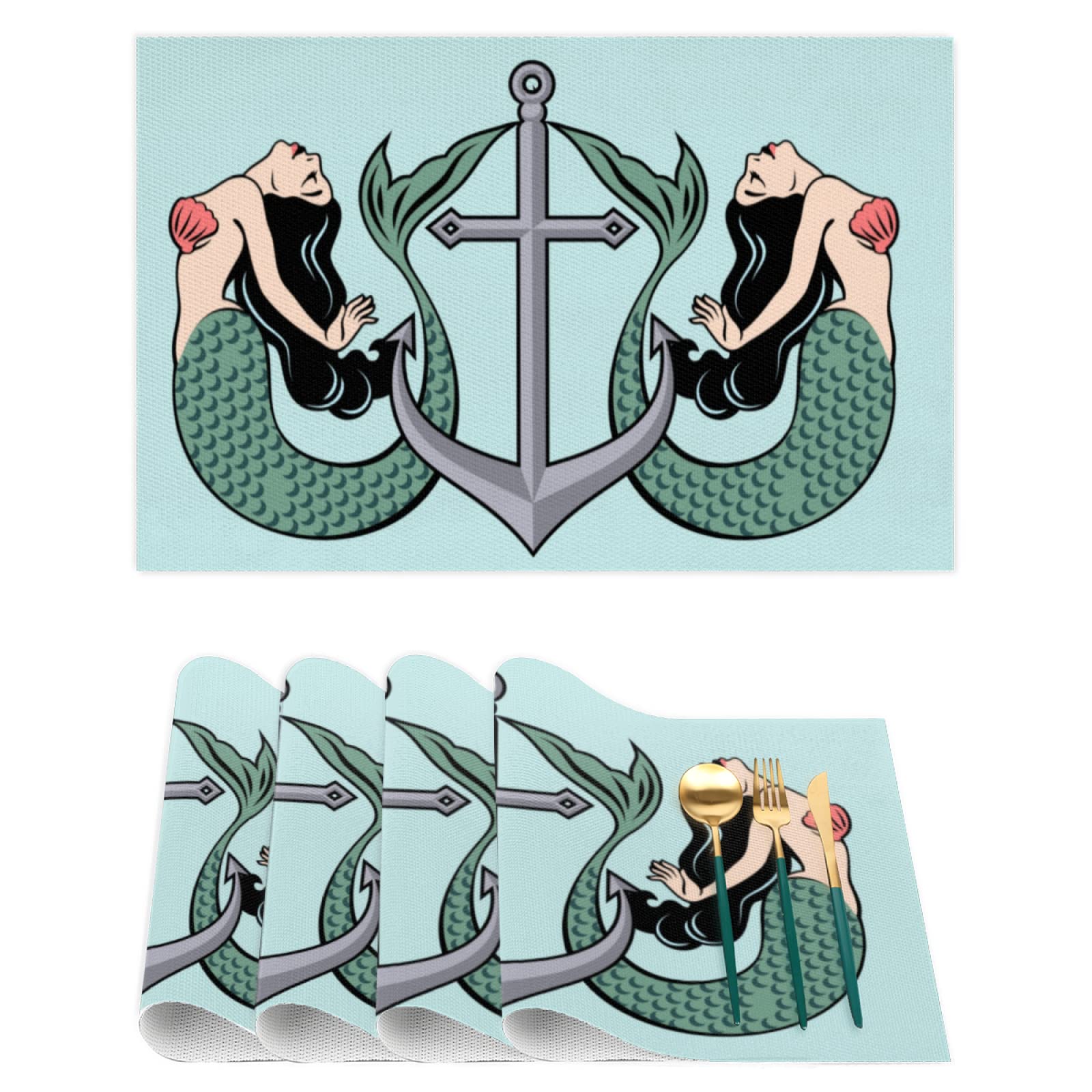 Anchor & Mermaid Design PVC Woven Vinyl Placemats - Set of 4 Heat-Resistant, Stain-Resistant, Washable Table Mats for Kitchen & Dining Room - Perfect for Seafood Dinners, Beach-Themed Parties & Coastal Home Decor