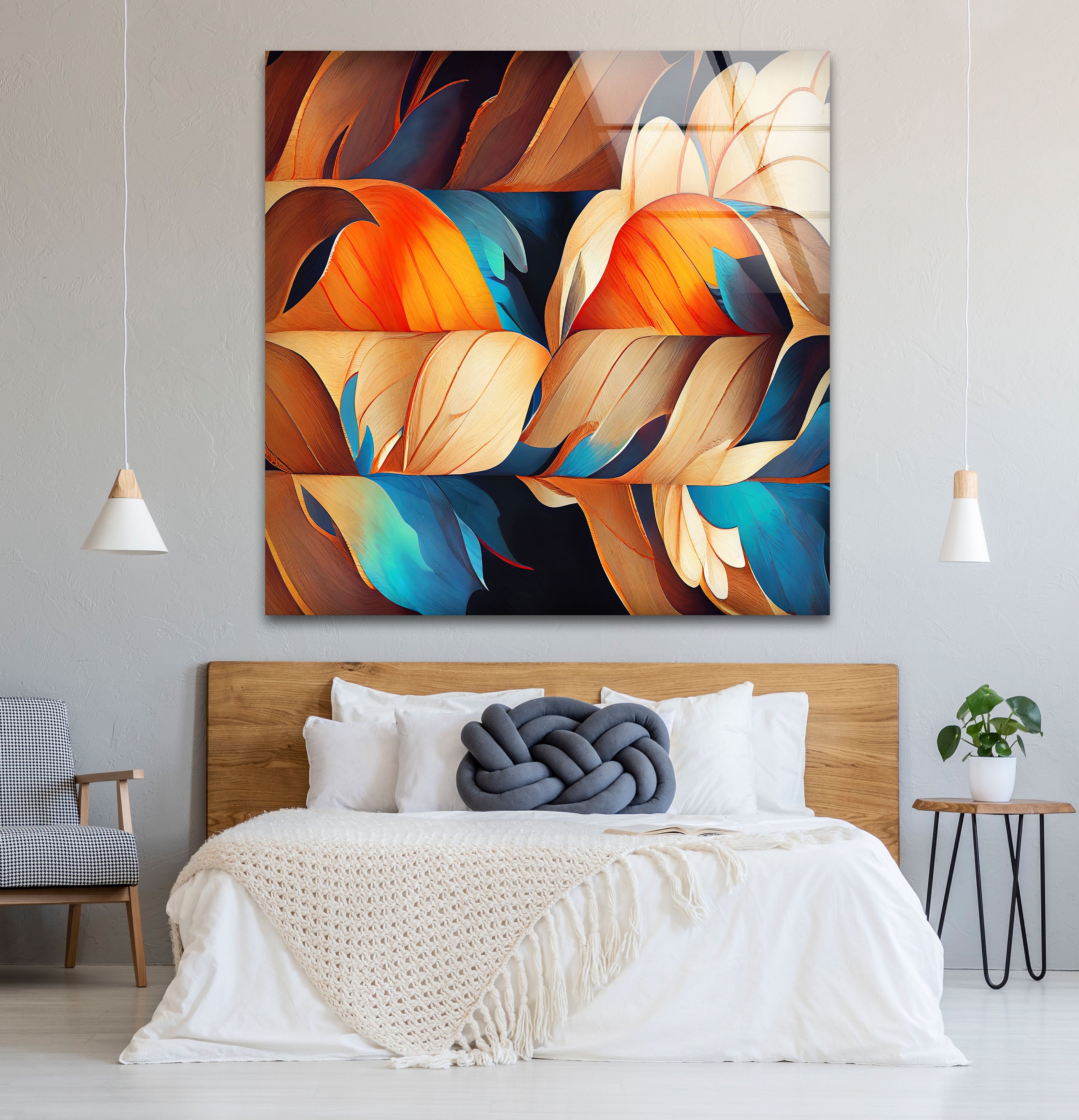 Abstract Feather Flow Glass Wall Art – Earthy Orange & Teal Nature Design Handmade Home Decor for Living Room, Bedroom & Office – Modern Nature-Inspired Wall Hangings