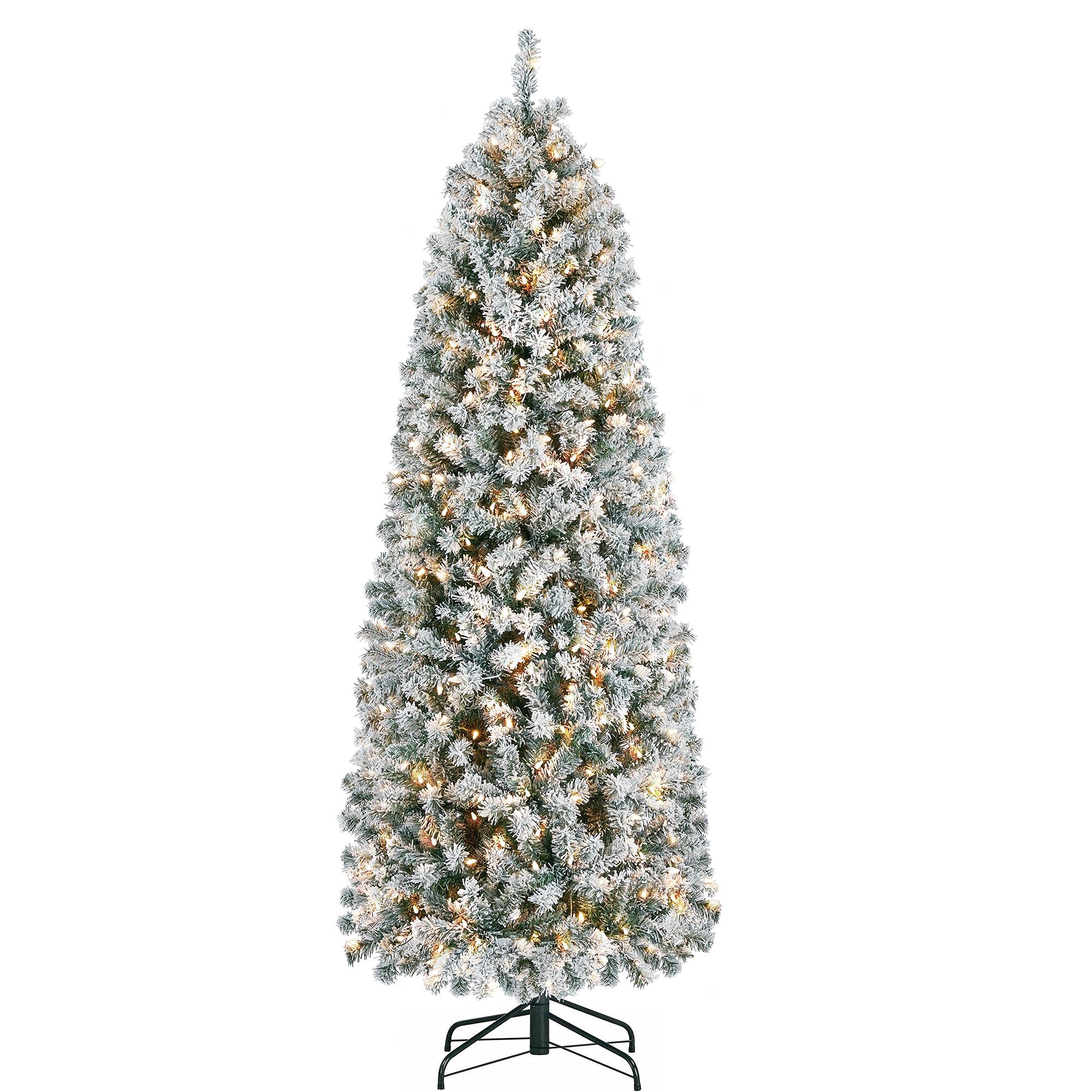 Yaheetech 6ft Pre-lit Snow Flocked Pencil Christmas Tree - Slim Hinged Artificial Fir with 250 Warm White Lights & 814 Snow Tips - Perfect for Small Spaces, Apartments, Office & Holiday Corner Decorations