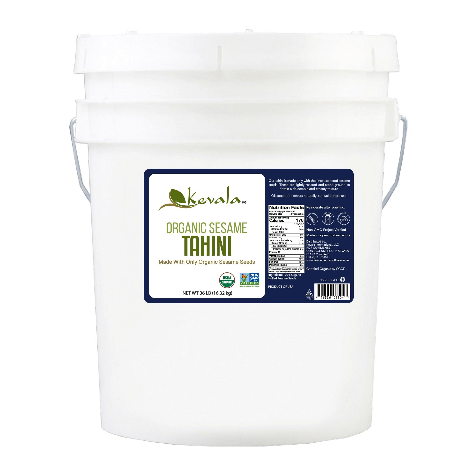 Kevala Organic Sesame Tahini - Premium Non-GMO Tahini Paste for Hummus, Vegan Butter Substitute, Gluten-Free Snacks | Bulk 36 lb | Perfect for Middle Eastern Cooking, Salad Dressings & Healthy Smoothies