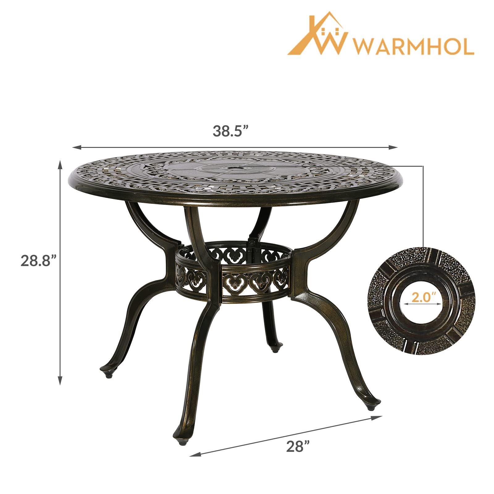 38.5 Inch Round Outdoor Cast Aluminum Patio Dining Table with 2 Inch Umbrella Hole - Durable Garden, Deck & Backyard Furniture for Outdoor Entertaining