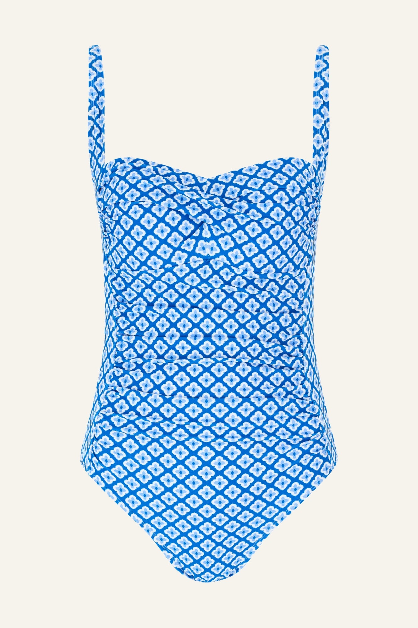 Eco-Friendly Recycled Ruched One-Piece Swimsuit | Diamond Geo Blue Print | Perfect for Beach Vacations, Pool Parties & Summer Getaways