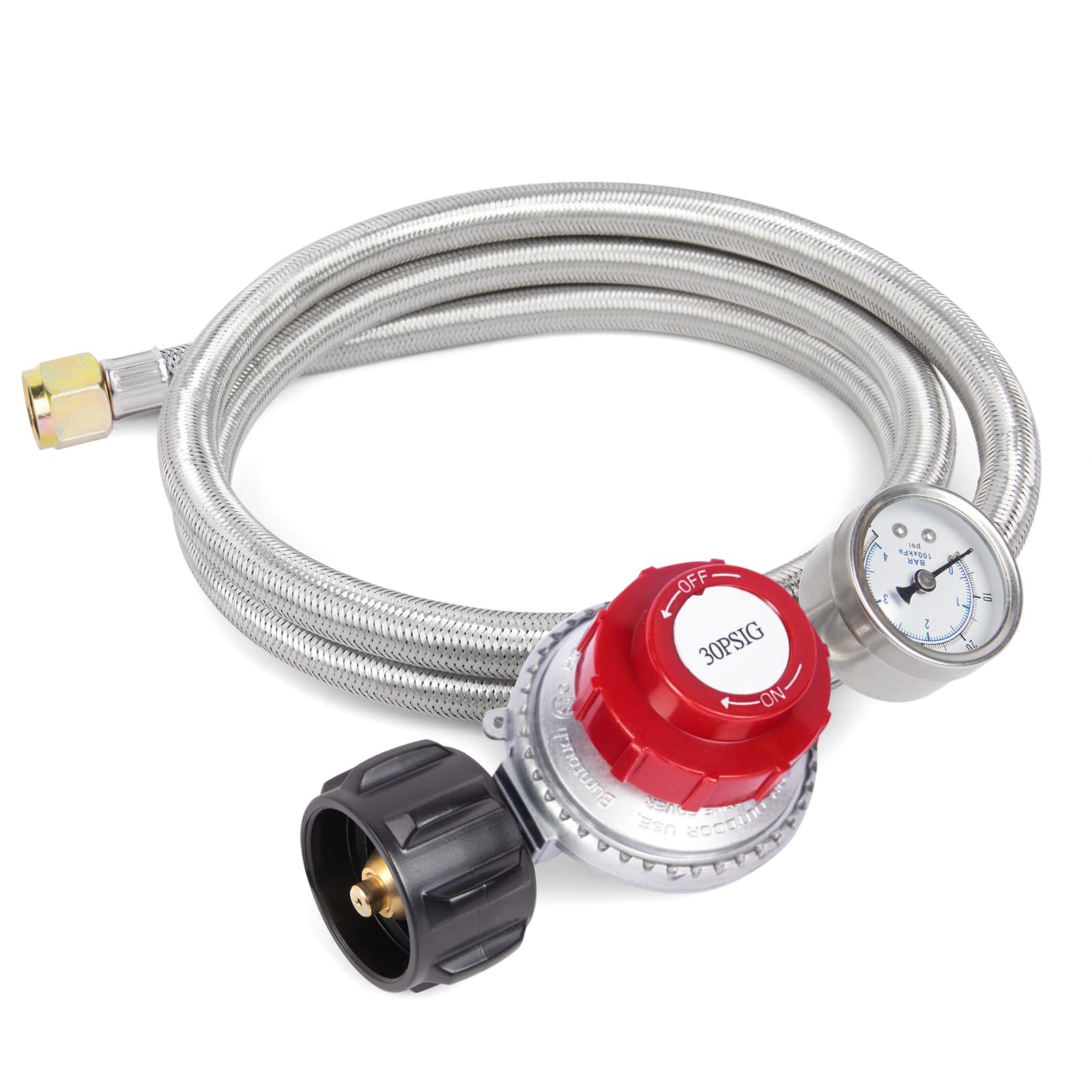 GASPRO 0-30 PSI Adjustable High Pressure Propane Regulator with Gauge & 5-Foot Stainless Steel Braided Hose - for Turkey Fryers, Gas Grills, Fire Pits, Patio Heaters & Outdoor Cooking