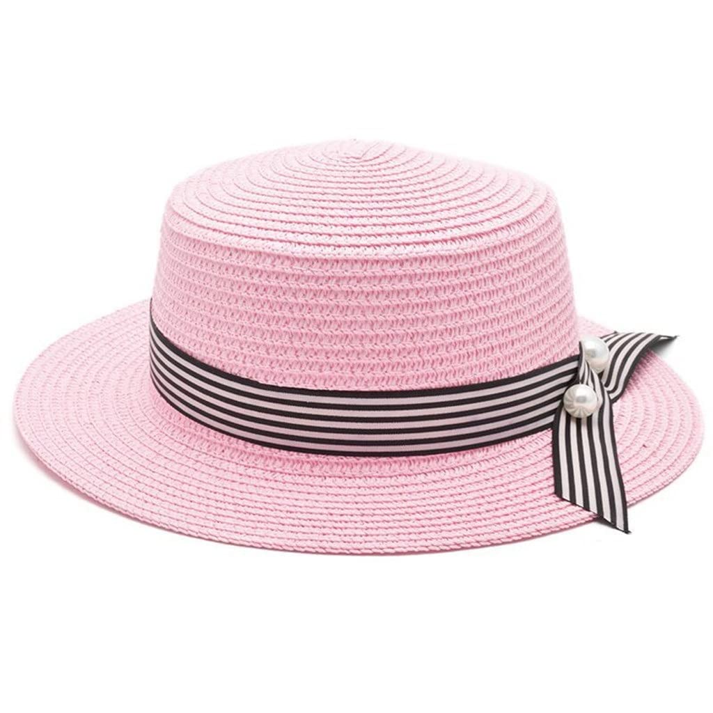 EODNSOFN Women's Summer Straw Hat - Ribbon Round Flat Top Panama Beach Sun Hat for Ladies, Size 55-58cm (Color D) | Perfect for Beach Vacations, Pool Parties & Outdoor Summer Activities