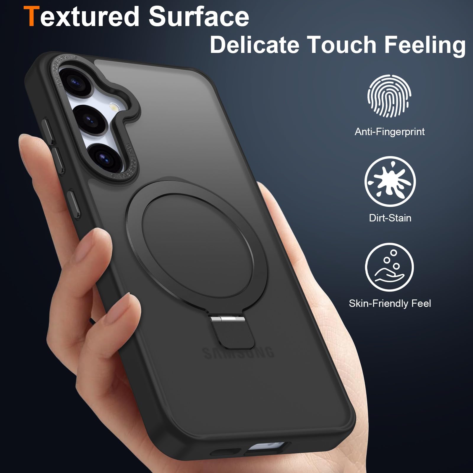 STERKER Magnetic Ring Stand Case for Samsung Galaxy S24 Plus - Military Grade Drop Protection, Slim Matte Translucent Cover with Kickstand - Perfect for Work, Travel & Everyday Use (Black)