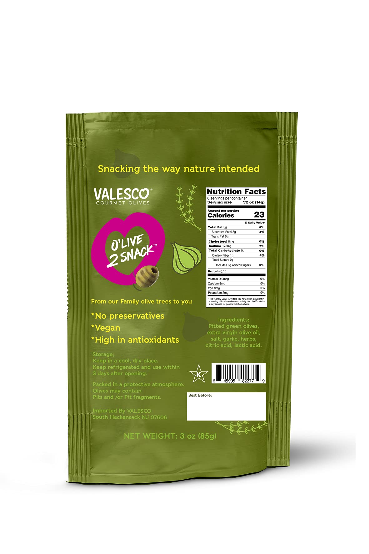Valesco Gourmet Marinated Pitted Green Olives with Garlic & Herbs - Grilled & Ready to Eat, 3 oz (Pack of 4) | Perfect for Charcuterie Boards, Salads, Snacking & Mediterranean Recipes