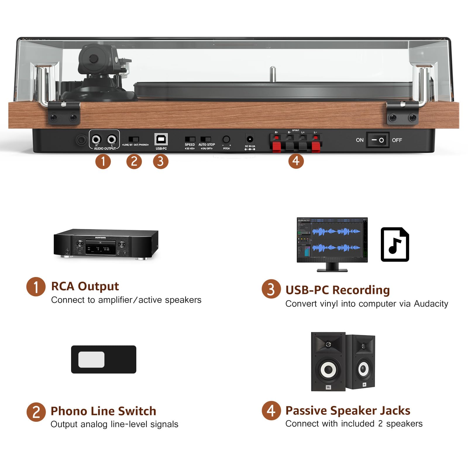 Wireless Bluetooth Turntable with 40W Speakers - Vinyl Record Player with Built-in Preamp, AT-3600L Cartridge, USB Recording, Pitch & Counterweight - Perfect for Home Entertainment & Vinyl Enthusiasts