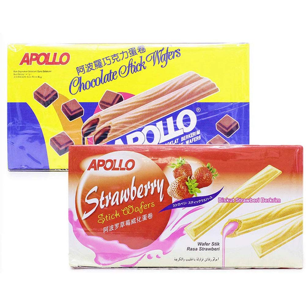 Apollo Malaysia Chocolate Strawberry Flavor Cream Wafer Biscuits - Halal Snack, 11g (0.39 oz) x 30 Packets per Box - Perfect for Tea Time, Office Snacks & Party Treats