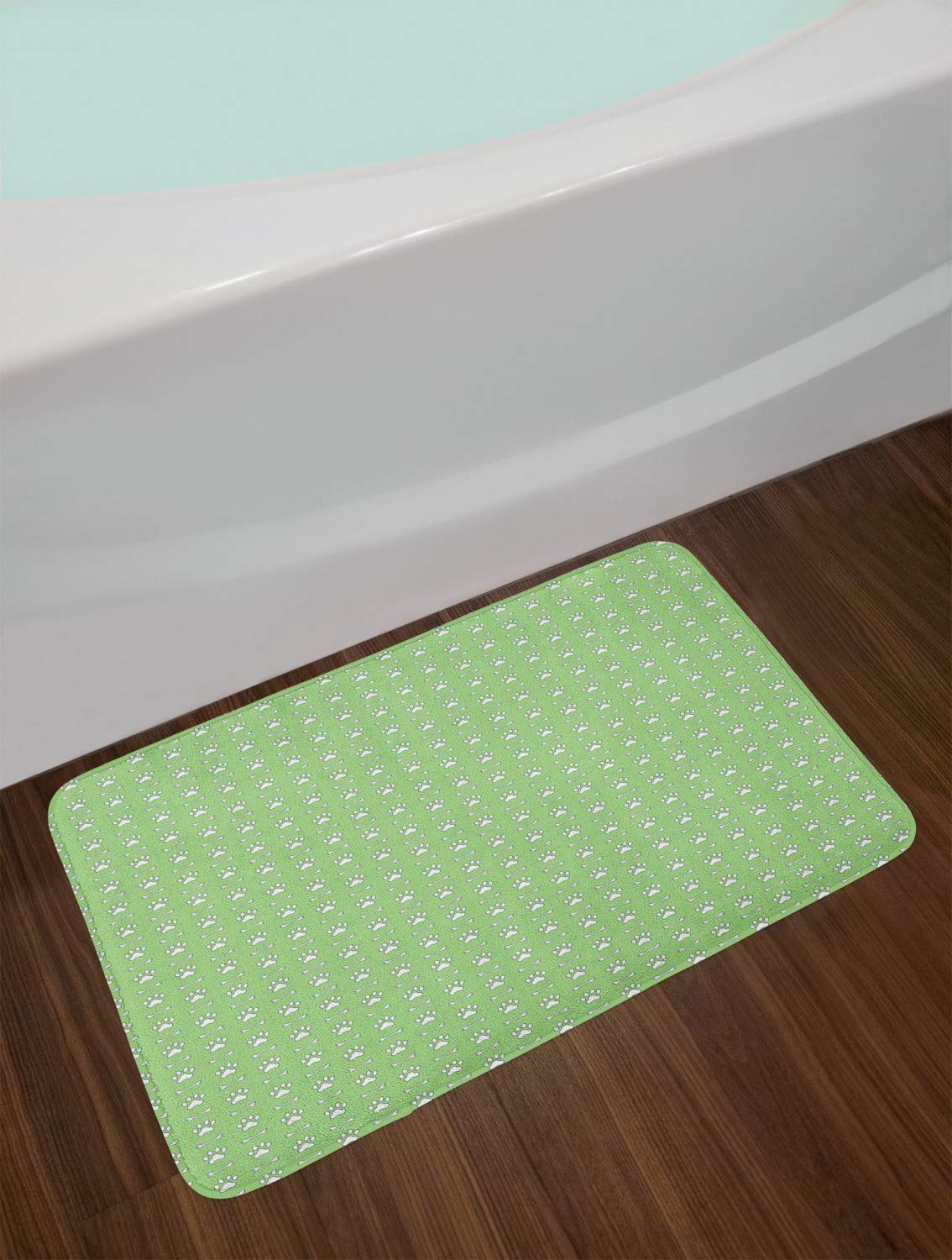 Ambesonne Non-Slip Plush Bath Mat - Paw Print Pet Theme with Greenery Monochrome Pattern, Foot Marks & Bones, 30.2
