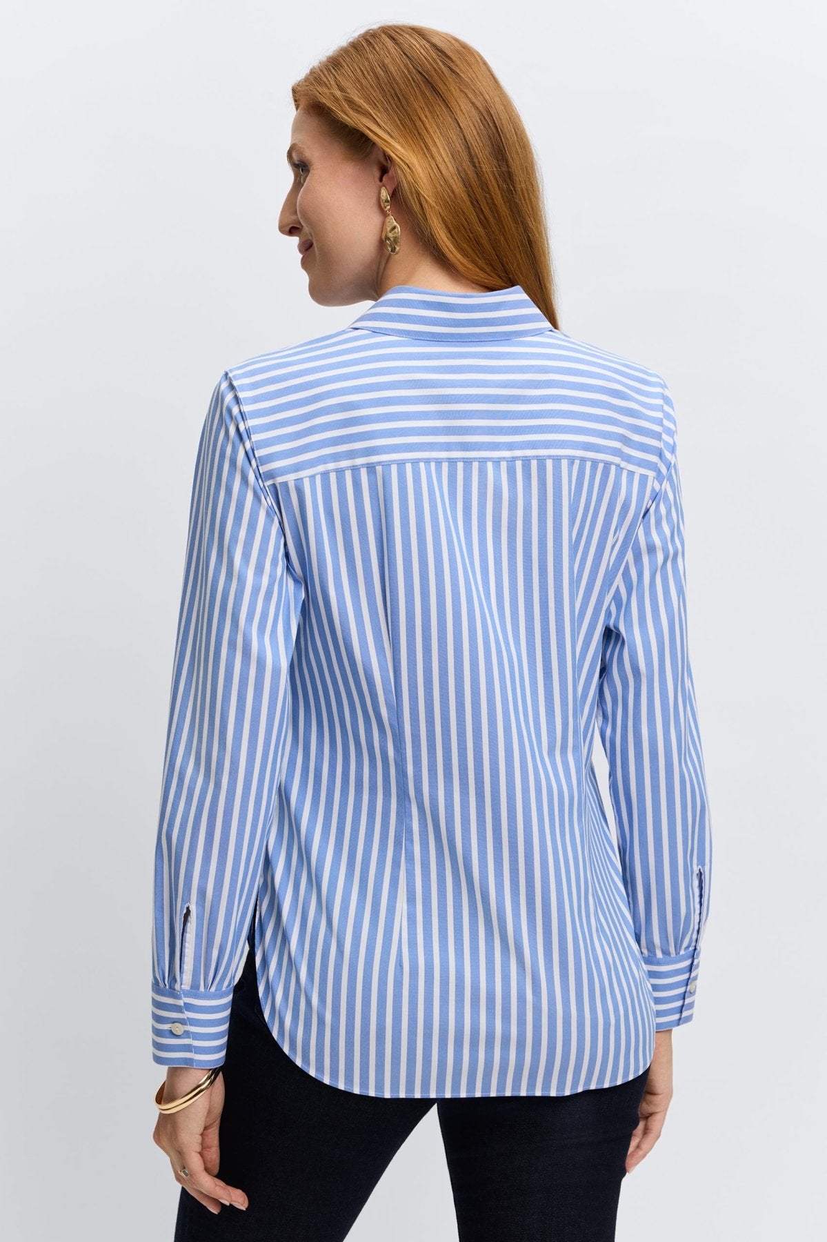 Sabine No Iron Stretch Stripe Tie Long Sleeve Shirt for Women - Wrinkle-Free Office Wear & Business Casual Outfits