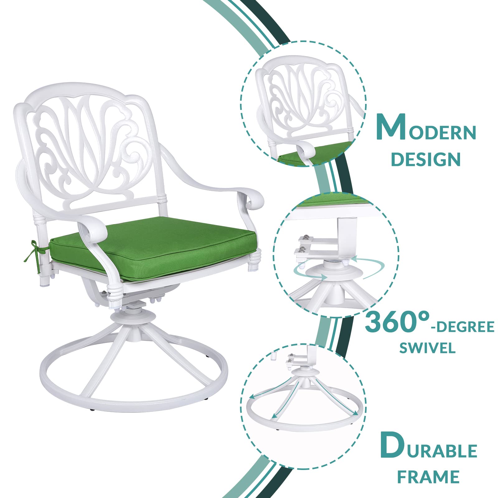 MEETWARM 2-Piece Outdoor Swivel Rocking Chairs - All-Weather Cast Aluminum Patio Dining Set with Cushions - White Bistro Chairs for Garden, Deck, Backyard, Poolside & Outdoor Entertaining
