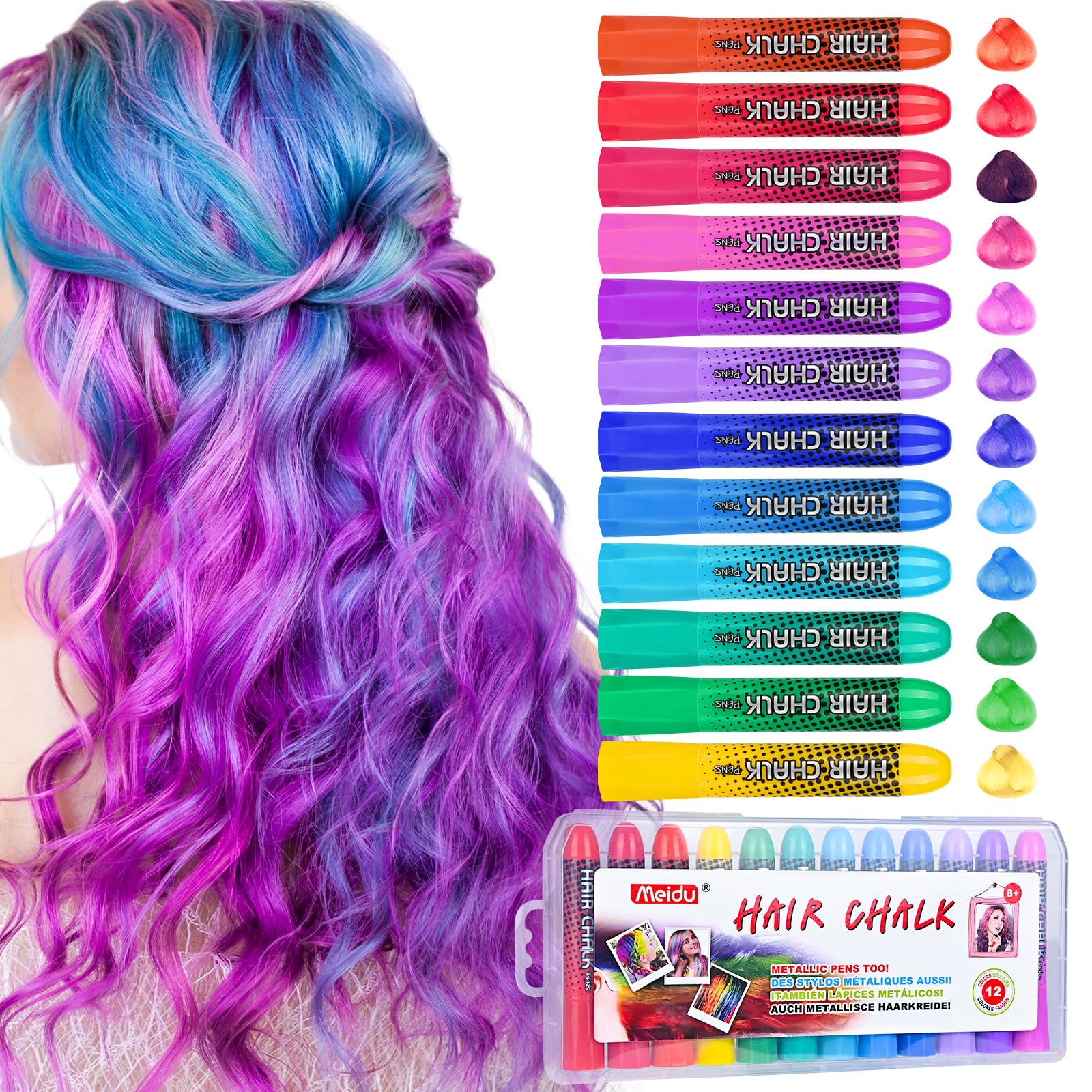 Washable Hair Chalk for Girls - 12 Pcs Temporary Hair Color Pens | Non-Toxic Kids Makeup Set for Ages 8+ | Perfect for Halloween, Birthday, Christmas & Cosplay DIY Party | Great Gift for Girls | Fun for School Events, Dance Performances & Themed Parties
