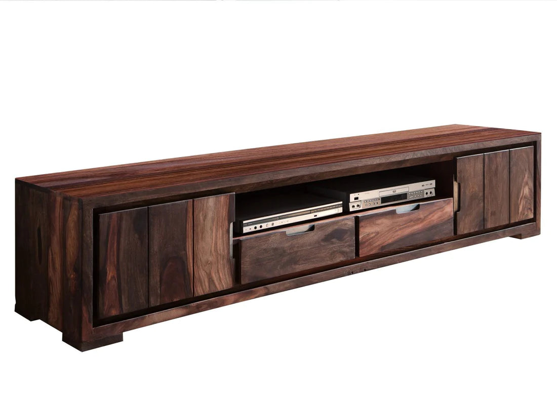 Gfine Solid Sheesham Wood TV Stand with 2 Doors & 2 Drawers - 175x45x47Cm Modern Entertainment Center for Living Room, Bedroom & Home Theater