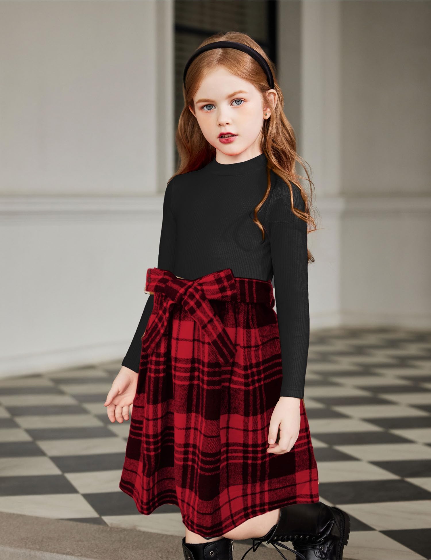 Arshiner Girls Long Sleeve Rib Knit Plaid Patchwork Belted Dress with Pockets - Cute Casual & Party Wear for Toddler and Kids (Ages 3-10) | Perfect for School, Holidays and Special Occasions