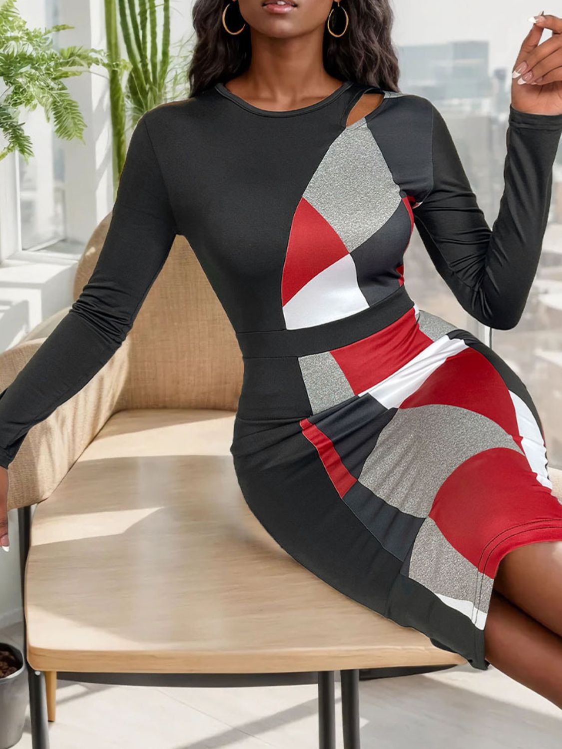 Stylish Color Block Round Neck Long Sleeve Dress for Women - Perfect for Office, Party & Casual Wear