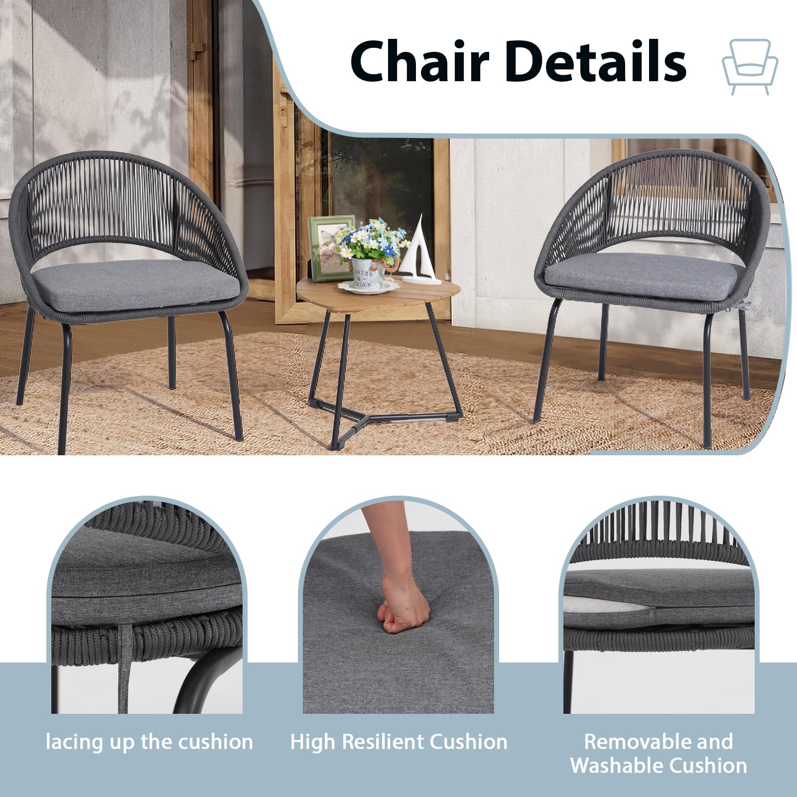 Yangming 3-Piece Outdoor Patio Furniture Set - Woven Rope Bistro Chairs with Wood Coffee Table for Garden, Backyard, Deck, Poolside & Balcony - Perfect for Relaxing, Entertaining & Outdoor Dining