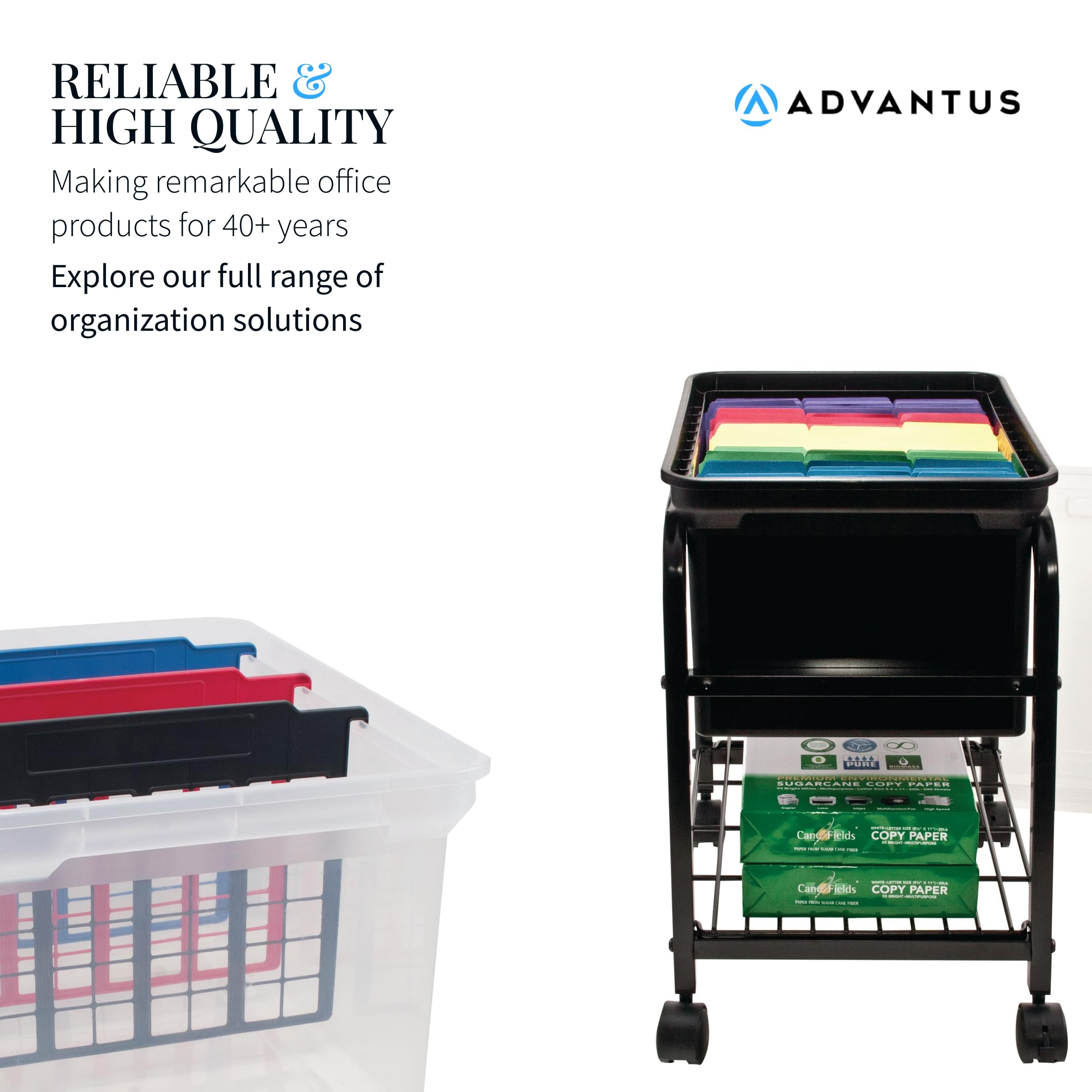 Advantus Plastic File Storage Box with Hinged Lid - Clear/Navy Document Organizer for Hanging Files | Office Organization, File Folders Storage & Home Office Supplies | Perfect for Desk, Closet & School Organization