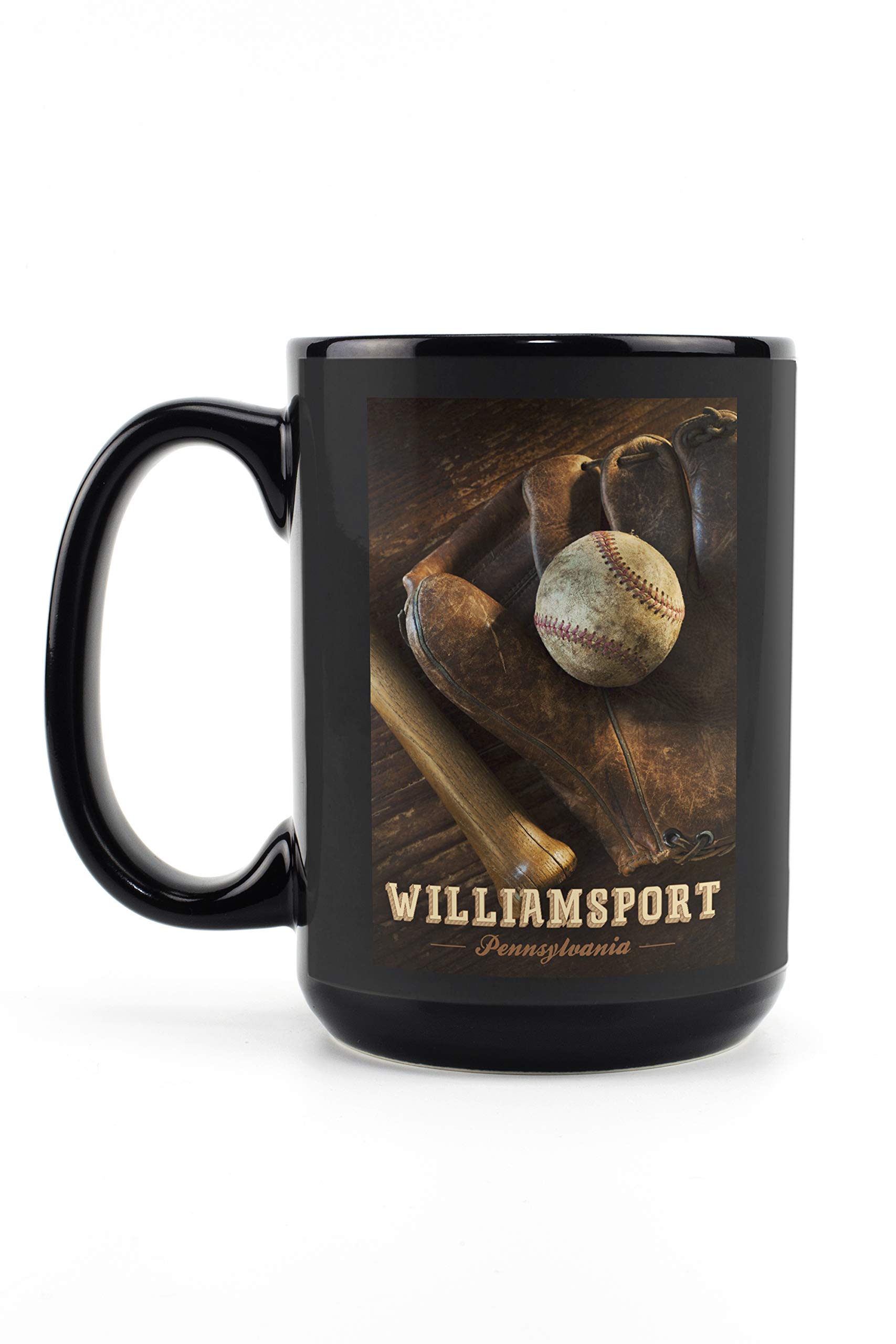 Lantern Press Williamsport Pennsylvania Baseball Mitt & Bat 15oz Black Ceramic Coffee Mug - Microwave & Dishwasher Safe - Perfect for Baseball Fans, Coffee Lovers & Office Use