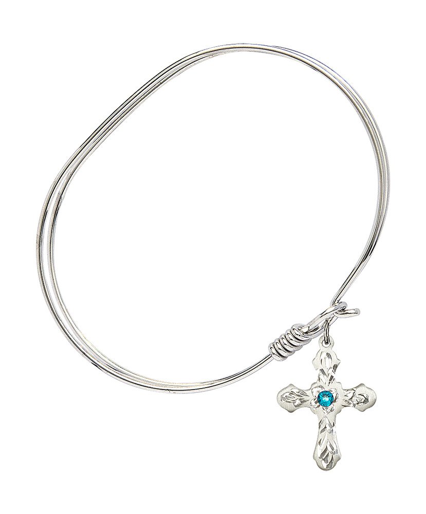 7 Inch Oval Eye Hook Bangle Bracelet with Cross Medal Charm & December Blue Crystal - Elegant Jewelry for Women, Christmas Gifts, Party Accessories, Daily Wear
