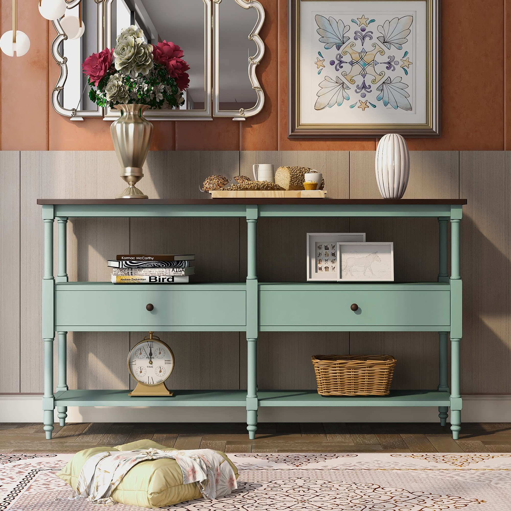 Modern Wood Console Table with Storage Shelf & 2 Drawers - Entryway Sofa Table, Buffet Sideboard for Living Room & Dining Room (Antique Blue) | Perfect for Hallway Decor, Small Space Storage & Home Organization