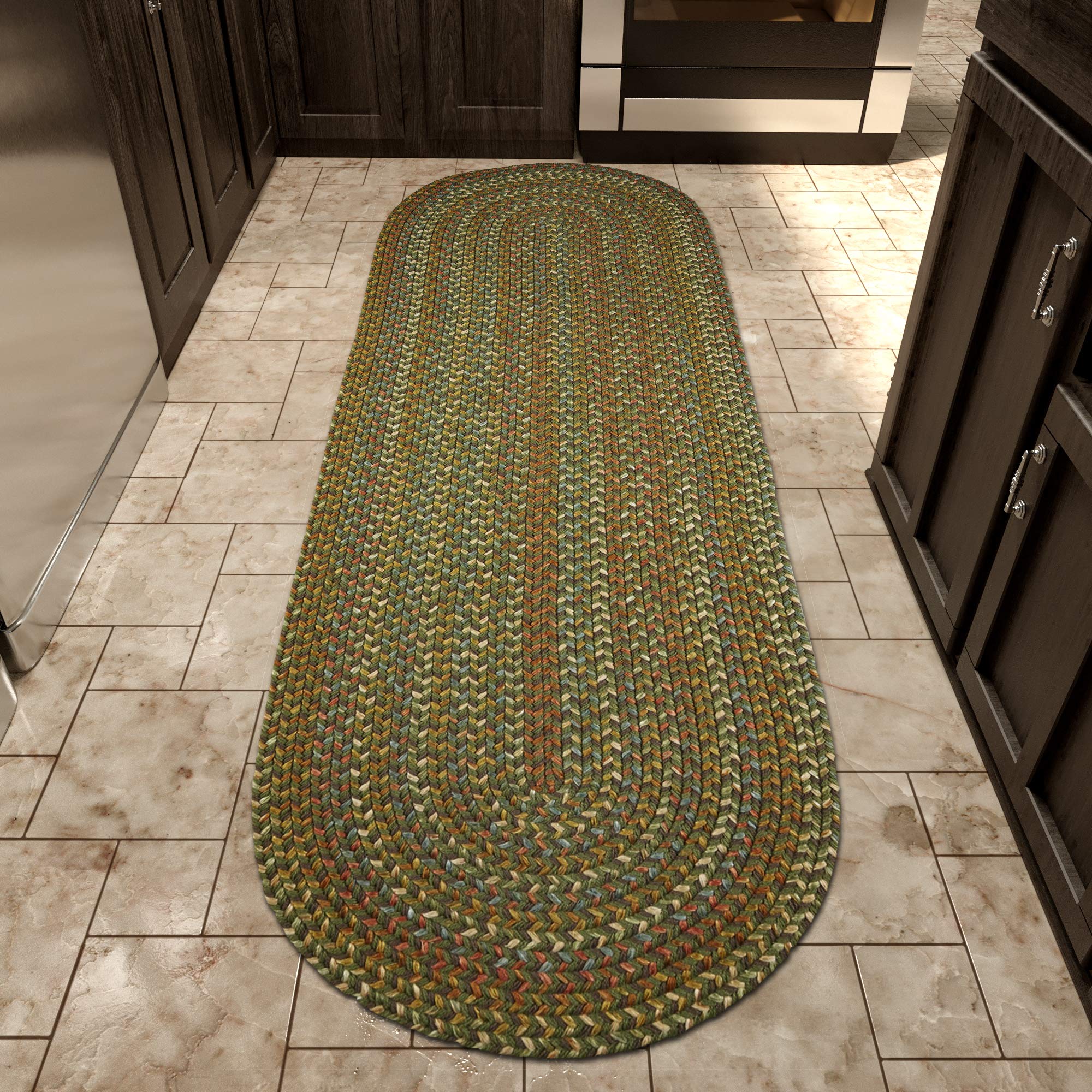Super Soft Confetti Braided Traditional Area Rug - Olive Green 2' x 6' Runner for Hallway, Kitchen & Entryway Decor
