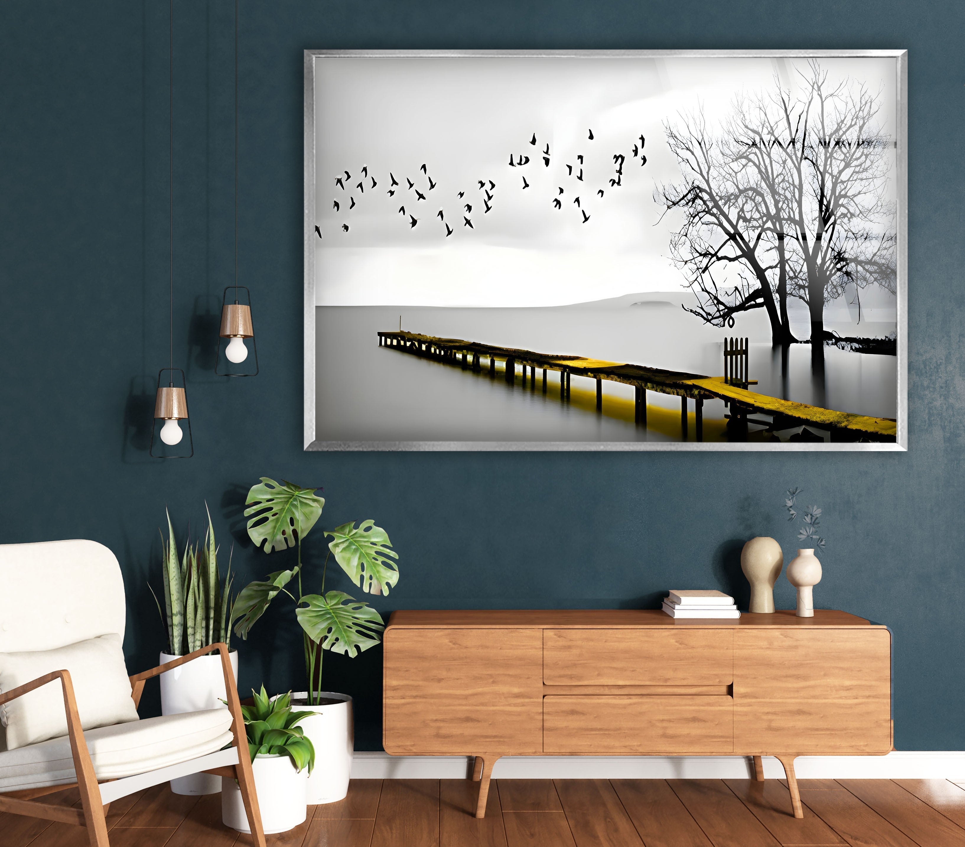Black and White Dock & Birds Glass Wall Art - Elegant Coastal Decor for Living Room, Bedroom, or Office