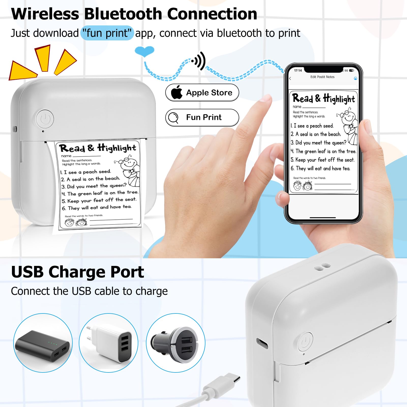 LINGSFIRE Mini Portable Bluetooth Thermal Printer - Wireless Inkless Pocket Printer with 10 Thermal Paper Rolls & 5 Pens for Photos, Notes, Memos | Perfect for Students, Journaling, Office Use & Travel Essentials