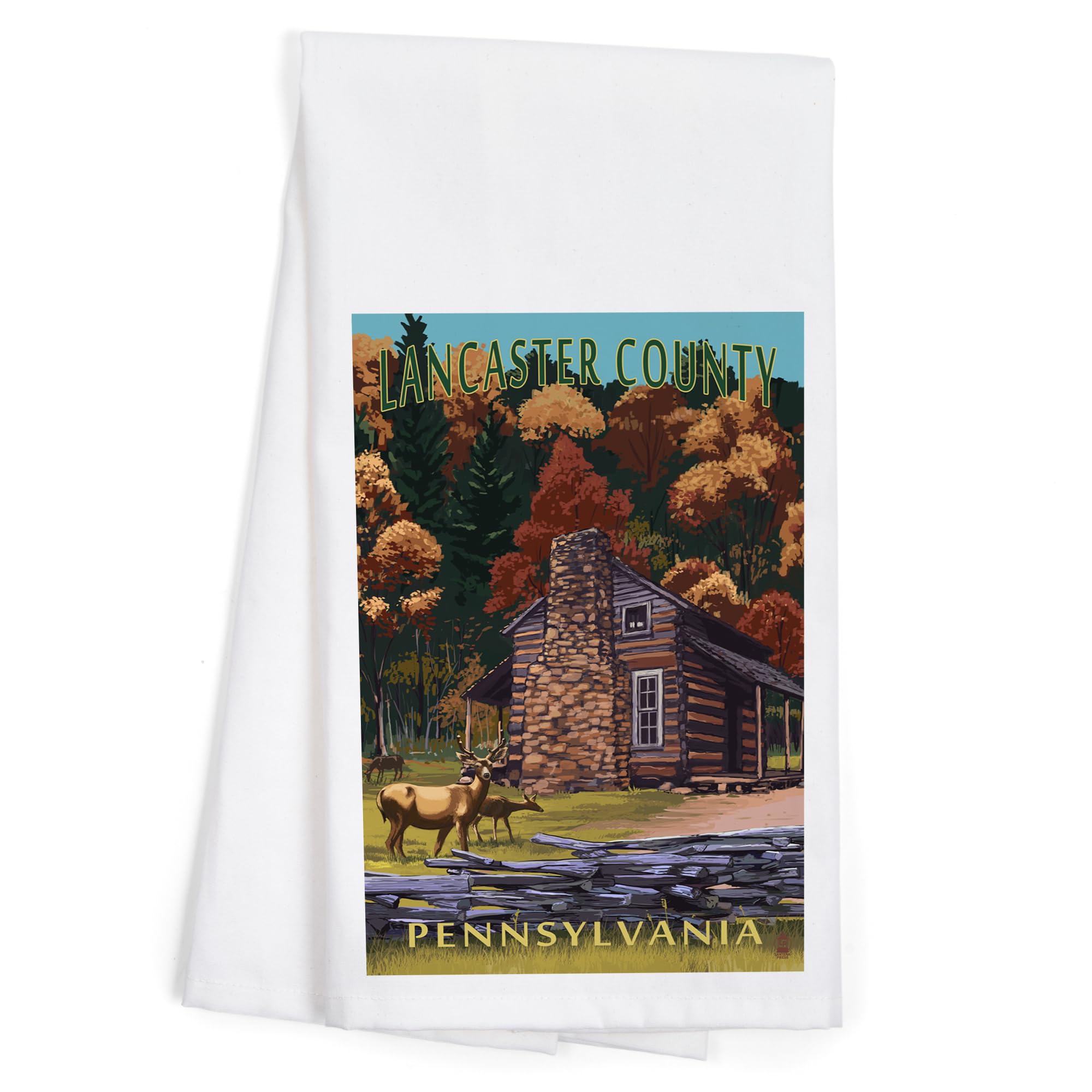 Lancaster County PA Deer Family & Cabin Scene Cotton Tea Towel - Decorative Hand Towel for Kitchen, Bathroom & Home Decor - Perfect for Rustic Farmhouse, Cabin or Country Style Homes
